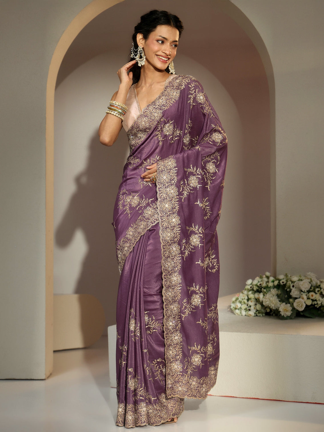 Mameraa Lavender Floral Embroidered Satin Saree