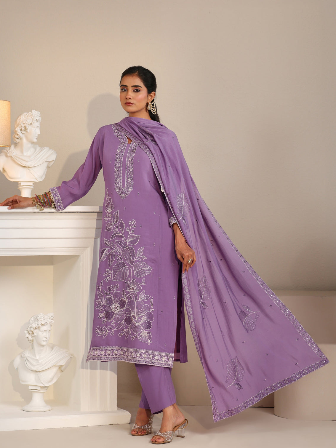 Mameraa Lavender Floral Embroidered Silk Bkend Straight Suit Set