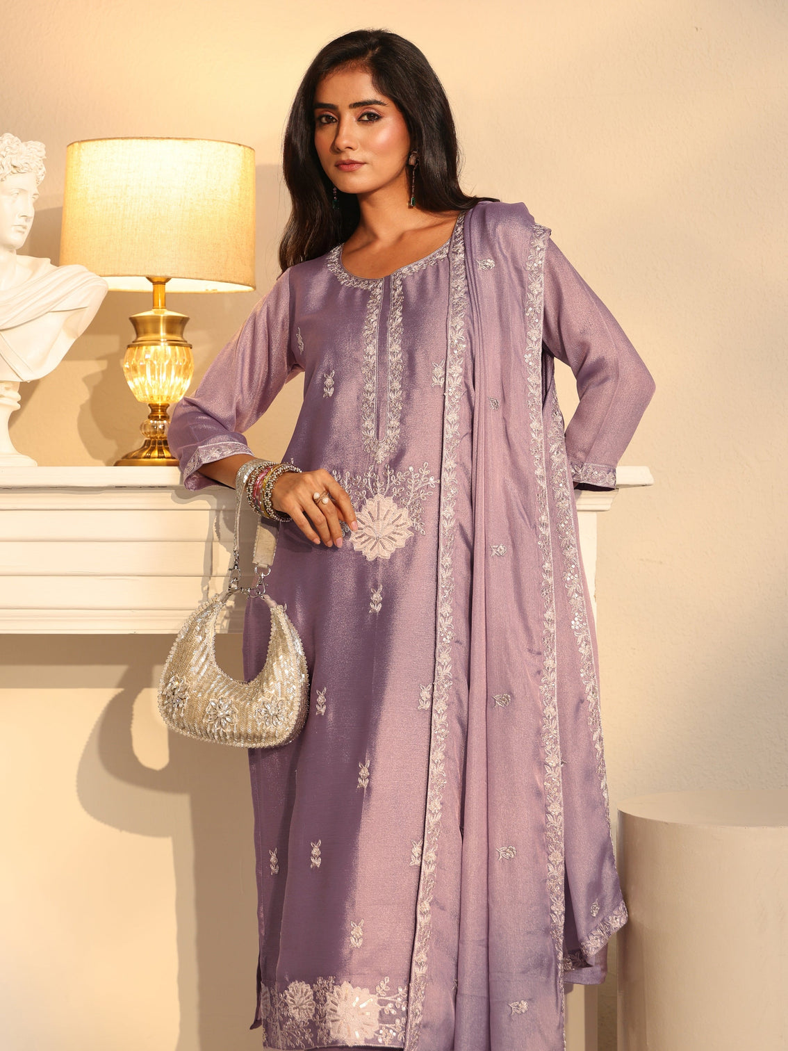Mameraa Lavender Floral Embroidered Silk Blend Straight Suit Set
