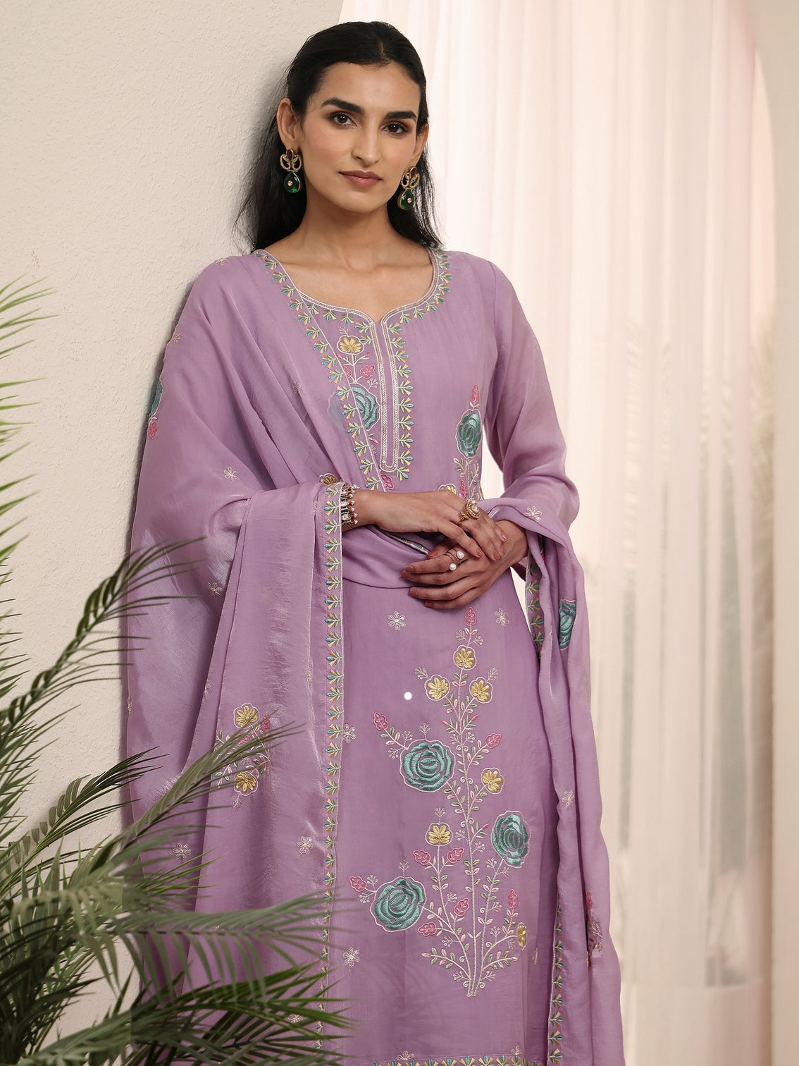 Mameraa Lavender Floral Embroidered Silk Blend Straight Suit Set