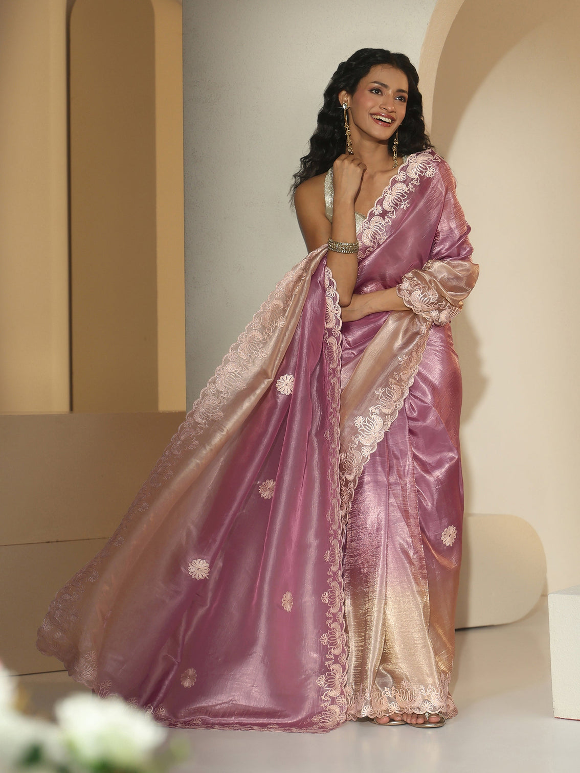 Mameraa Lavender Floral Embroidered Tissue Saree