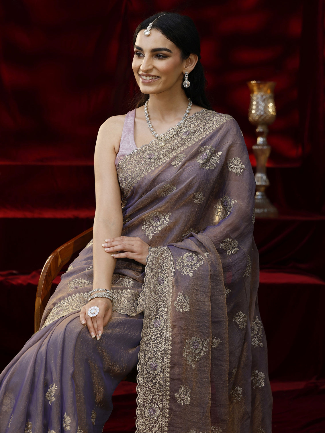 Mameraa Lavender Floral Embroidered Tissue Saree