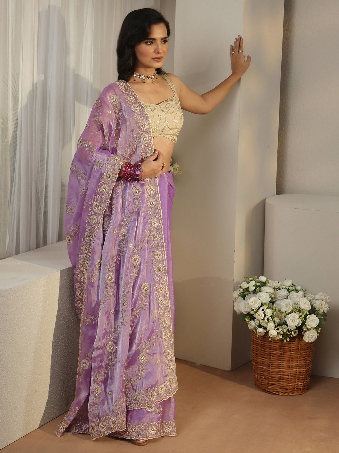 Mameraa Lavender Floral Embroidered Tissue Saree