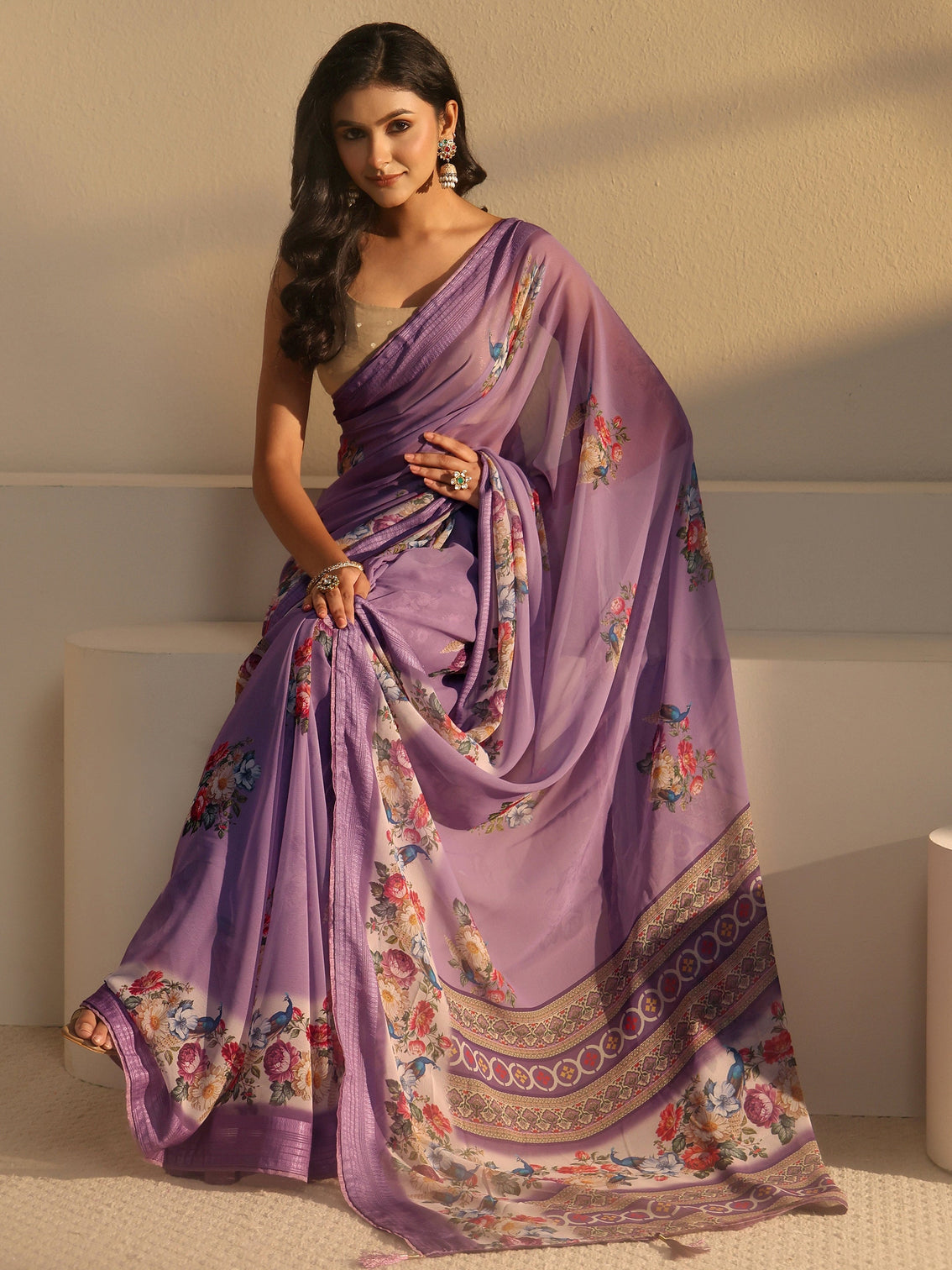 Mameraa Lavender Floral Printed Georgette Saree