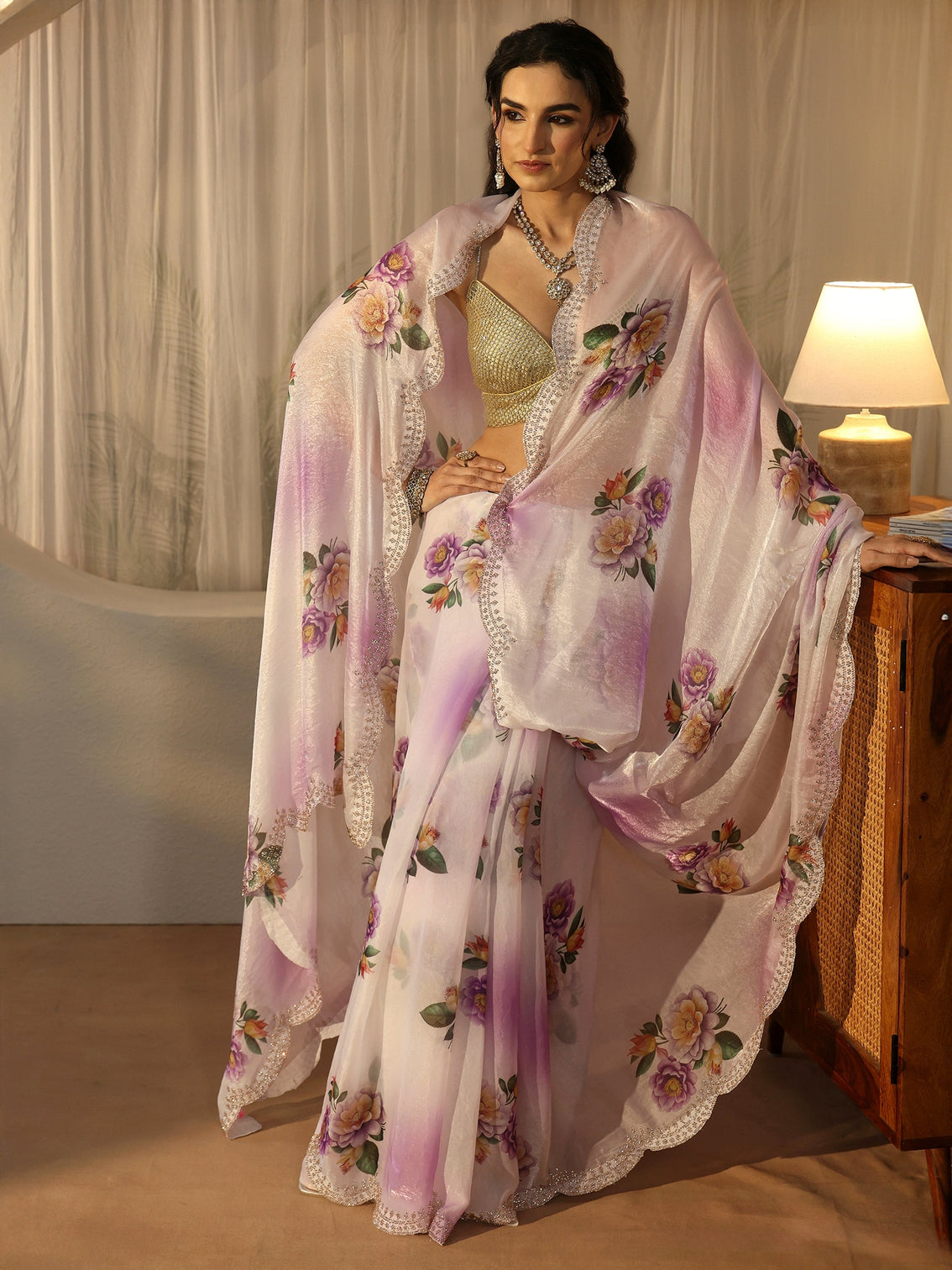 Mameraa Lavender Floral Printed Satin Saree with Scalloped Border