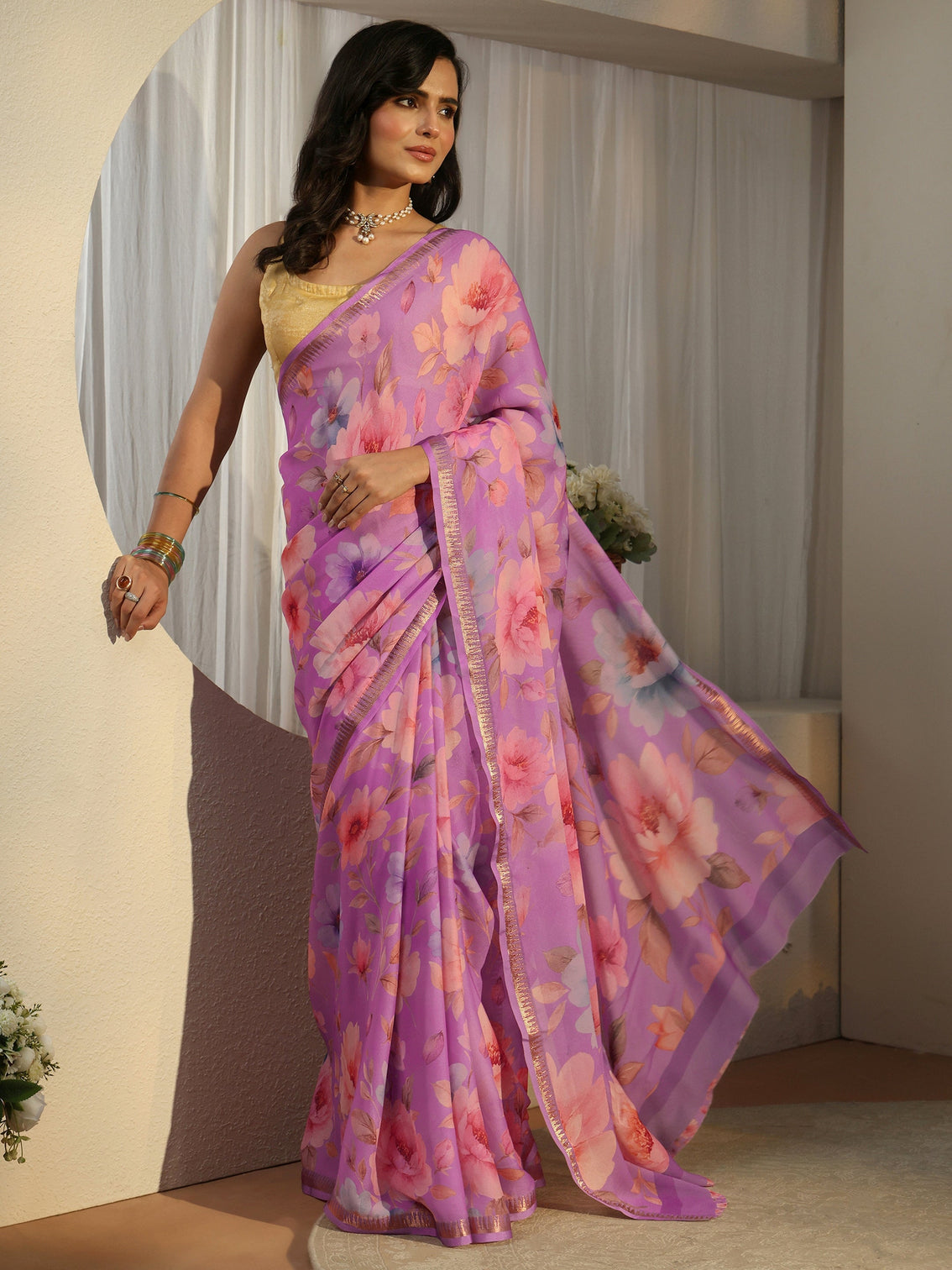 Mameraa Lavender Floral Printed Silk Blend Saree