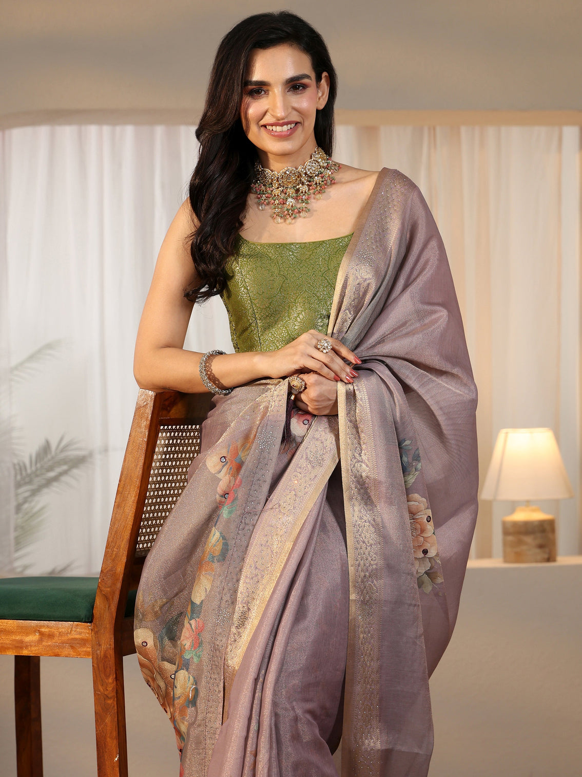 Mameraa Lavender Floral Printed Silk Blend Saree with Woven Border