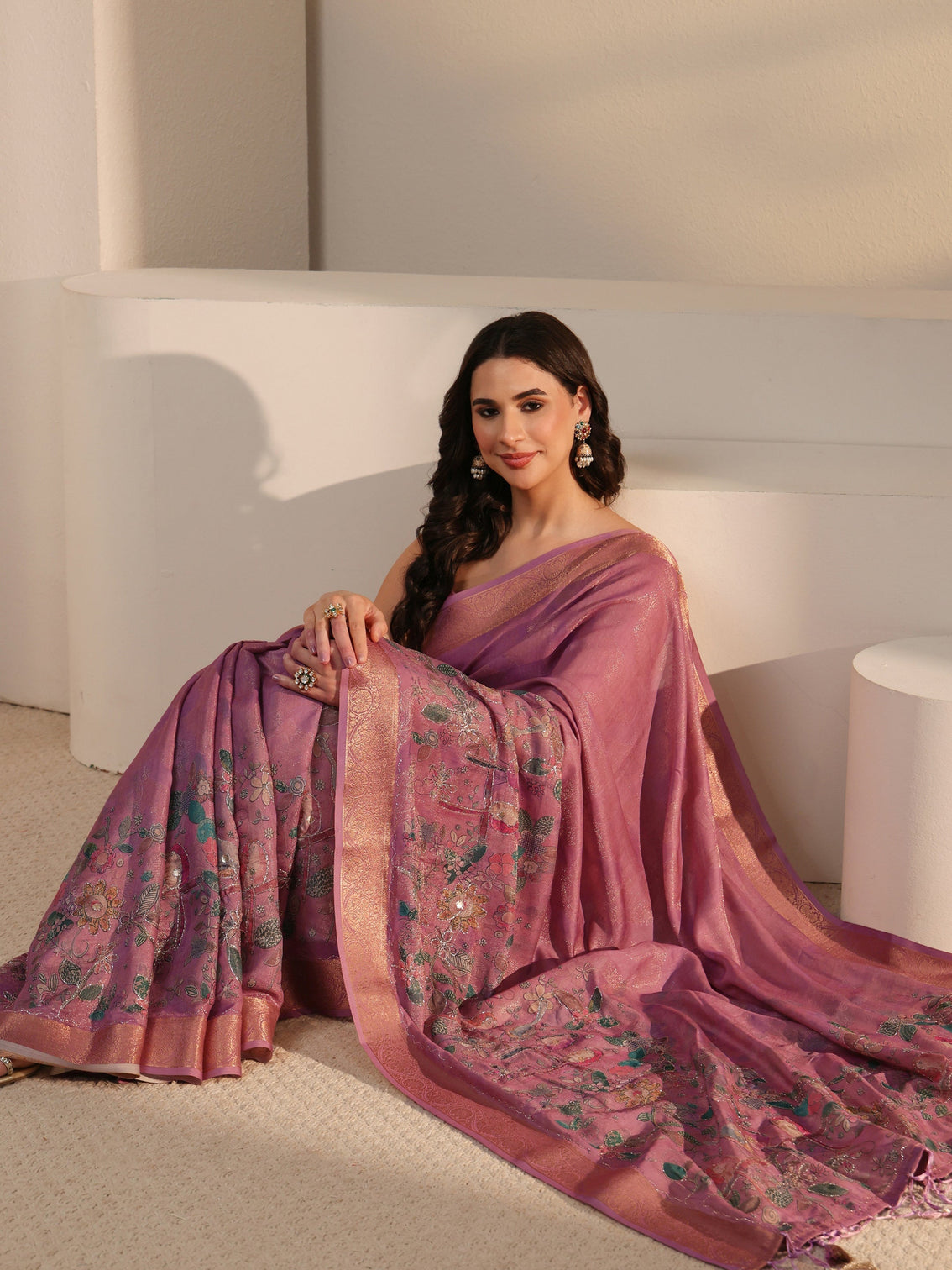 Mameraa Lavender Floral Printed Silk Blend Tassel Saree