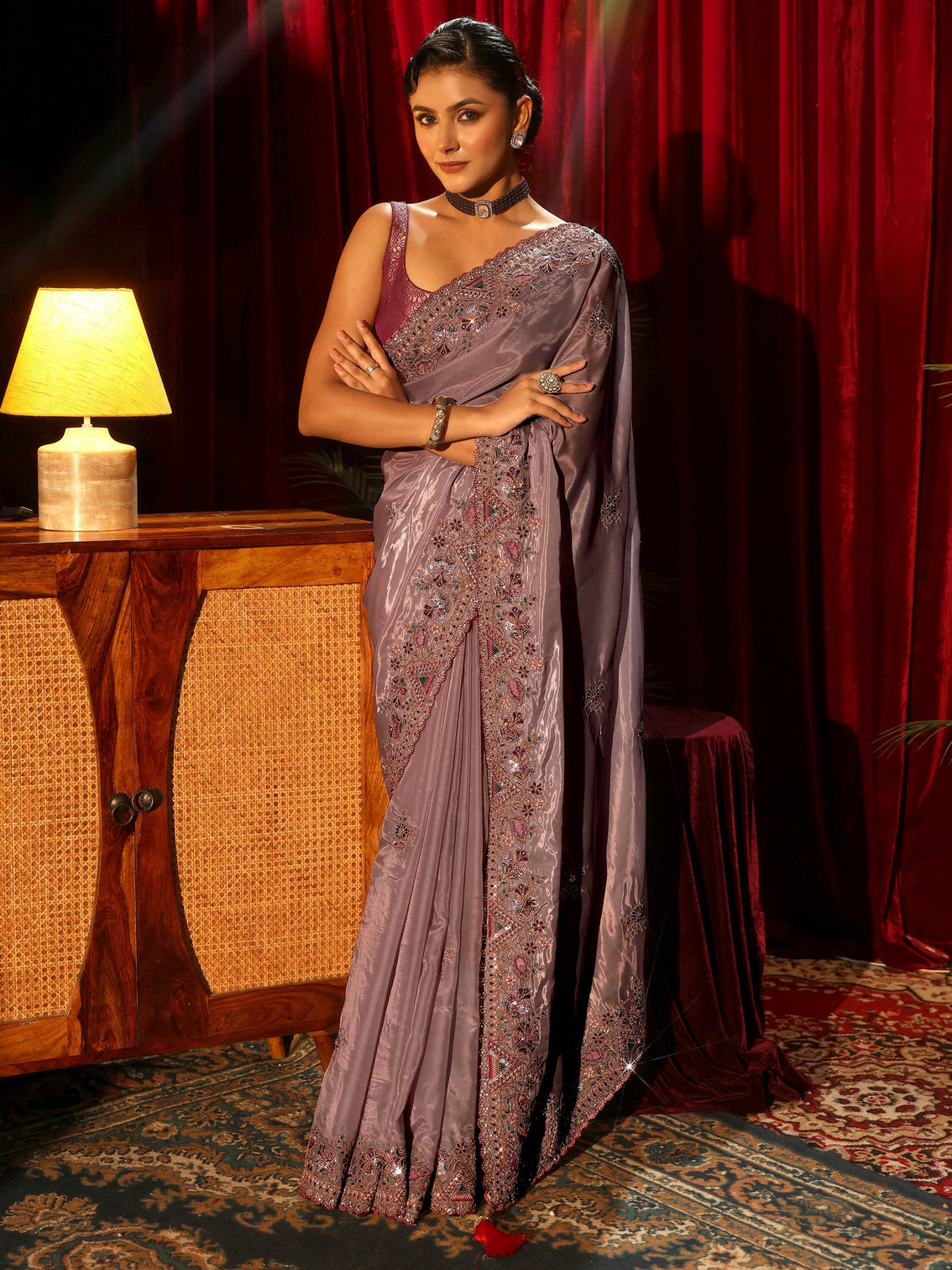Mameraa Lavender Floral Satin Saree with Embroidered Border