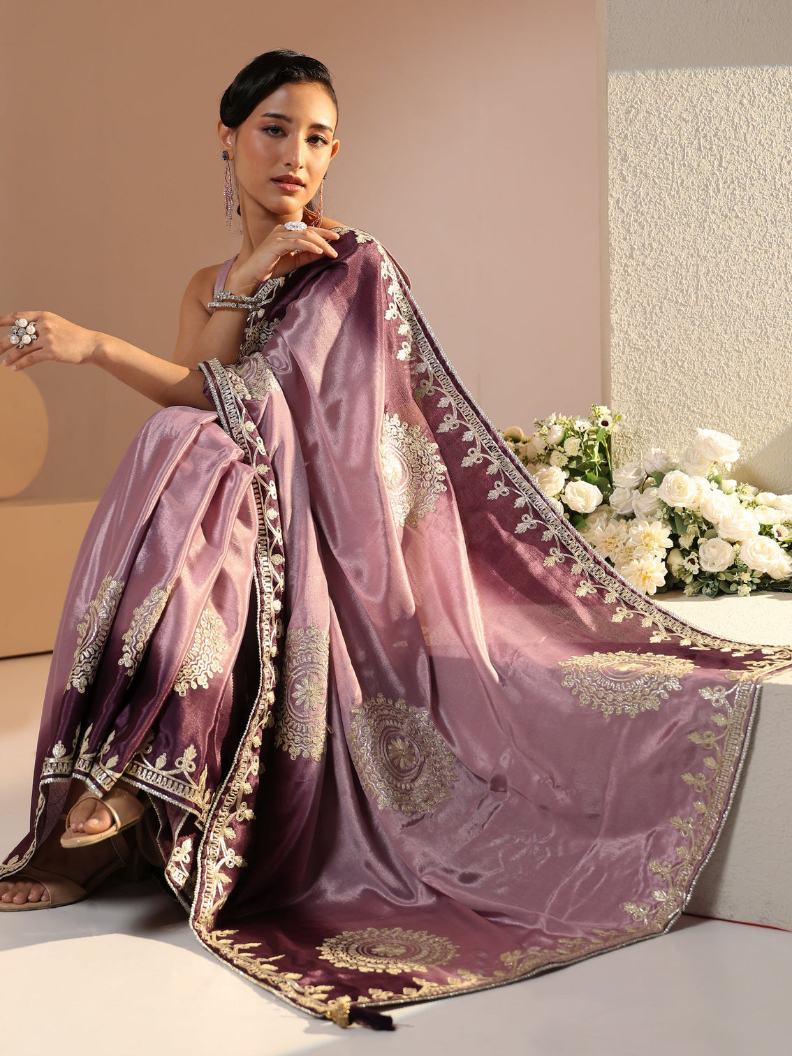 Mameraa Lavender Mandala Art Embroidered Ombre Silk Blend Saree