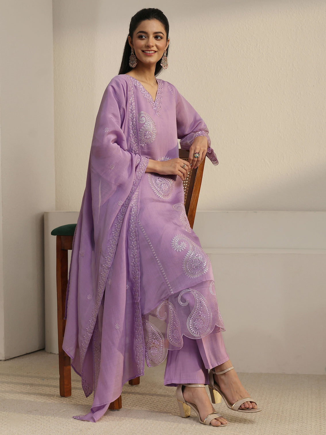 Mameraa Lavender Paisley Embroidered Chanderi Cotton Straight Suit Set