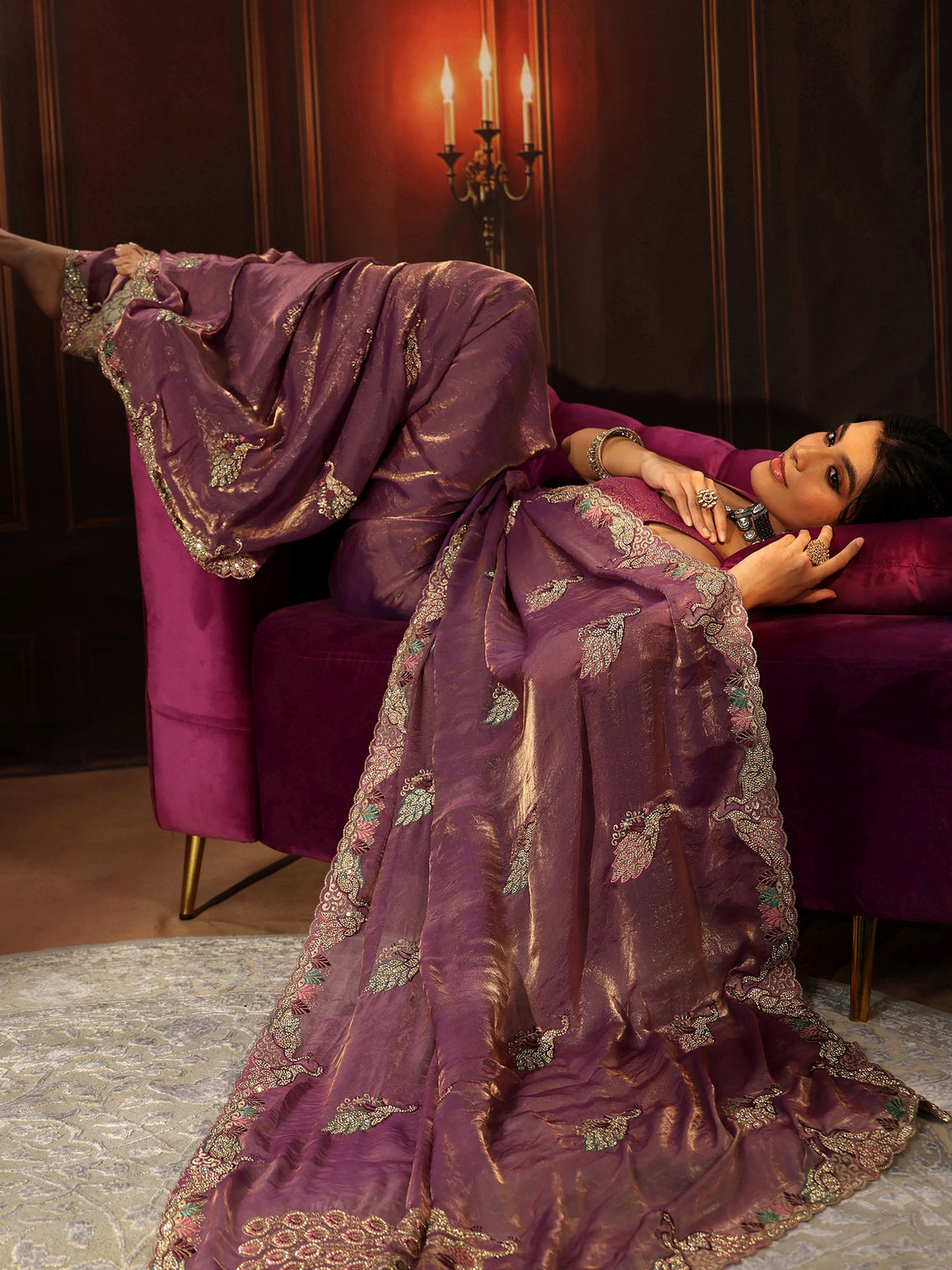 Mameraa Lavender Peacock Embellished Tissue Saree