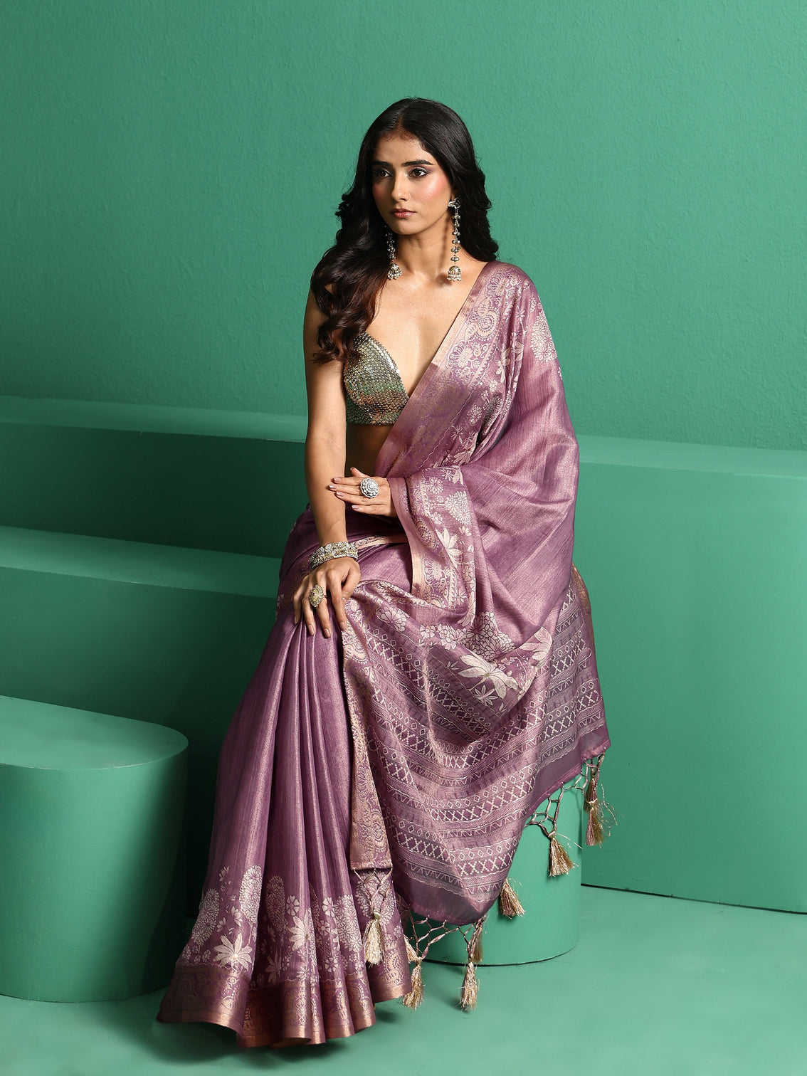 Mameraa Lavender Pichwai Tree Print Silk Blend Saree