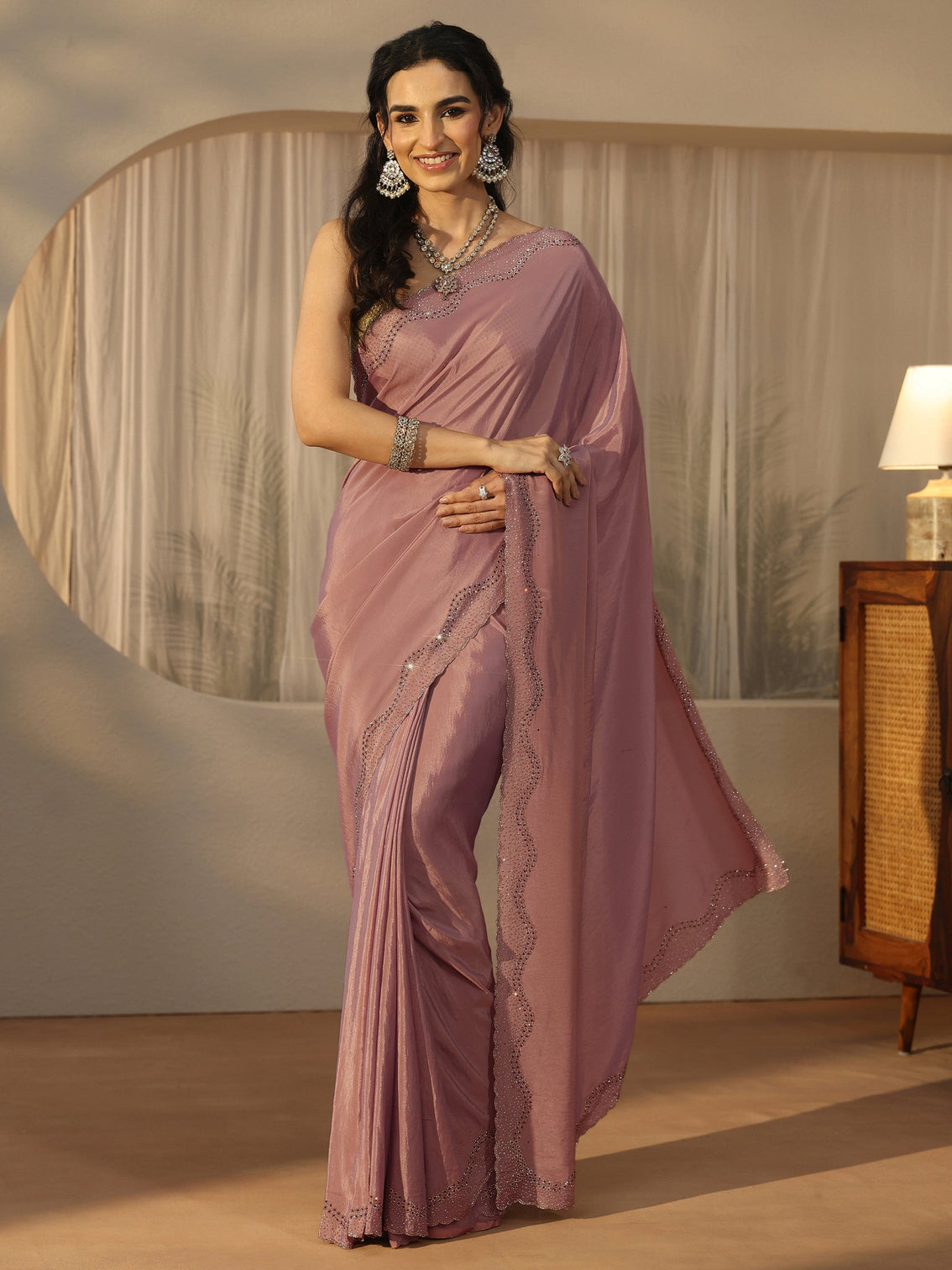 Mameraa Lavender Satin Saree with Embellished Border