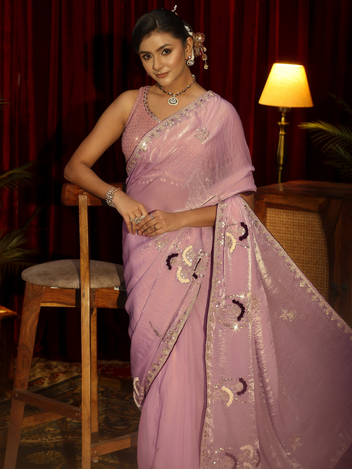 Mameraa Lavender Sequin Embellished Tissue Saree