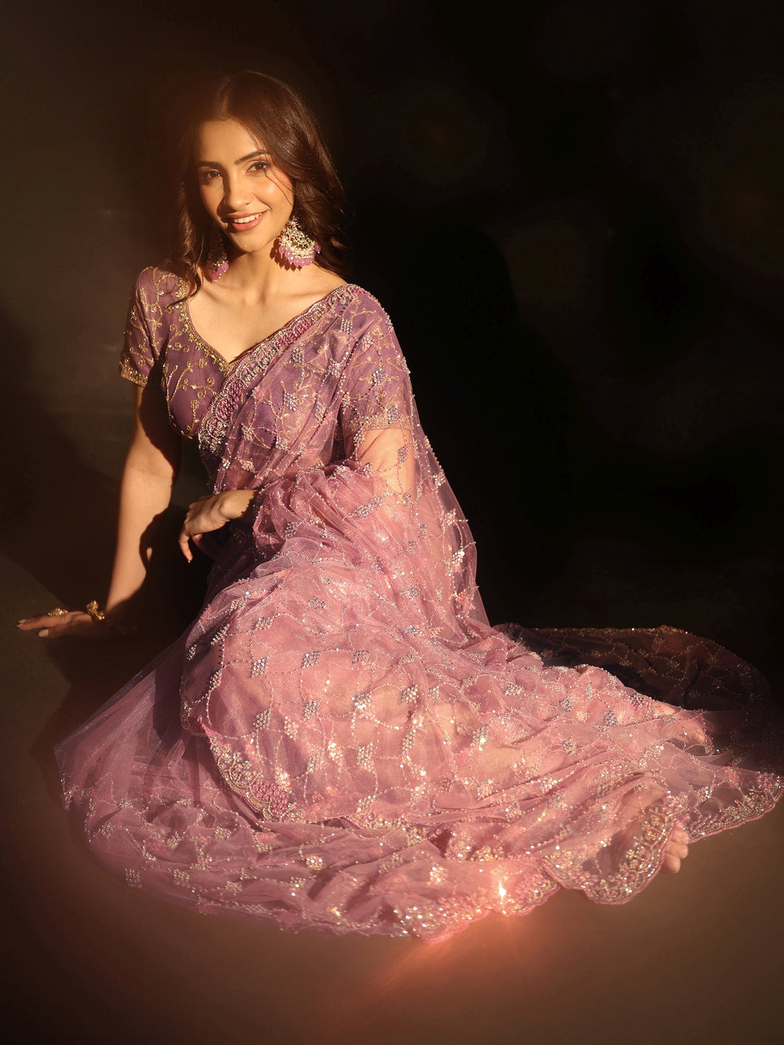 Mameraa Lavender Stone Embellished Net Saree