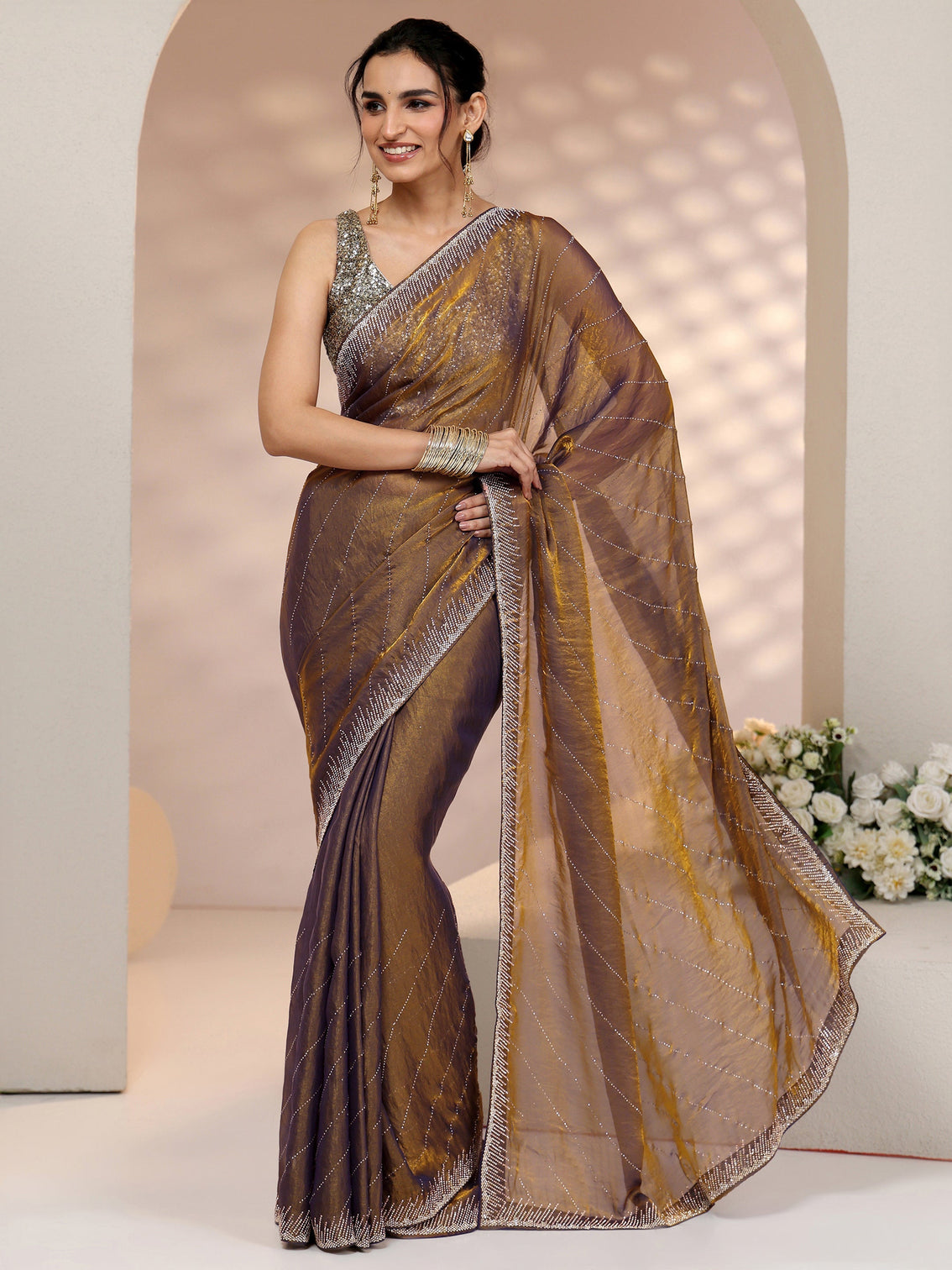 Mameraa Lavender Stone Work Striped Embellished Tissue Saree