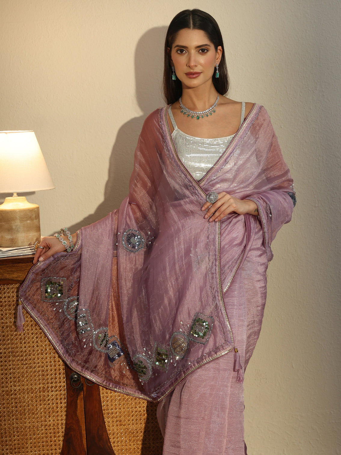 Mameraa Lavender Tissue Saree with Applique Design