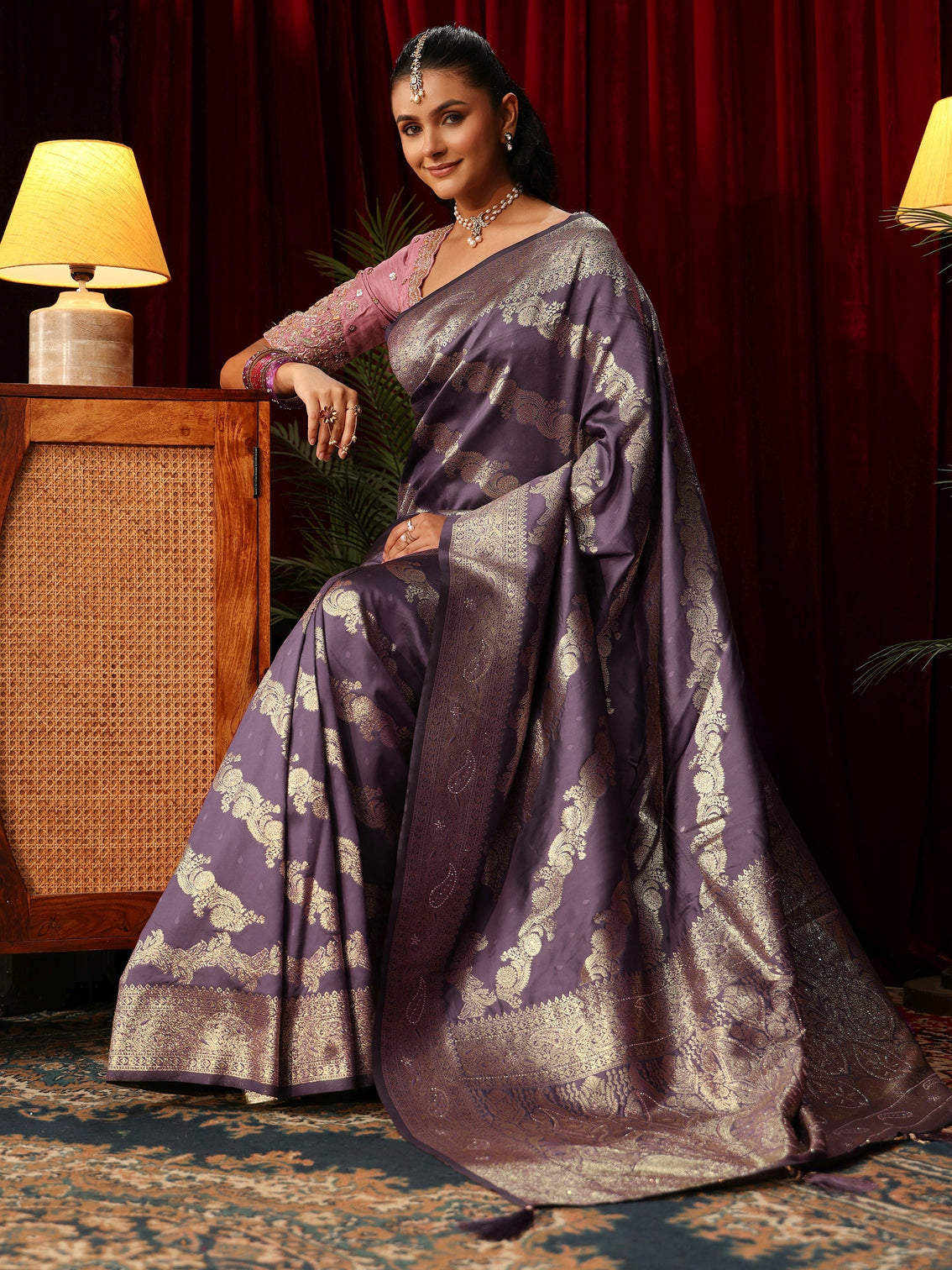 Mameraa Lavender Woven Design Silk Blend Saree