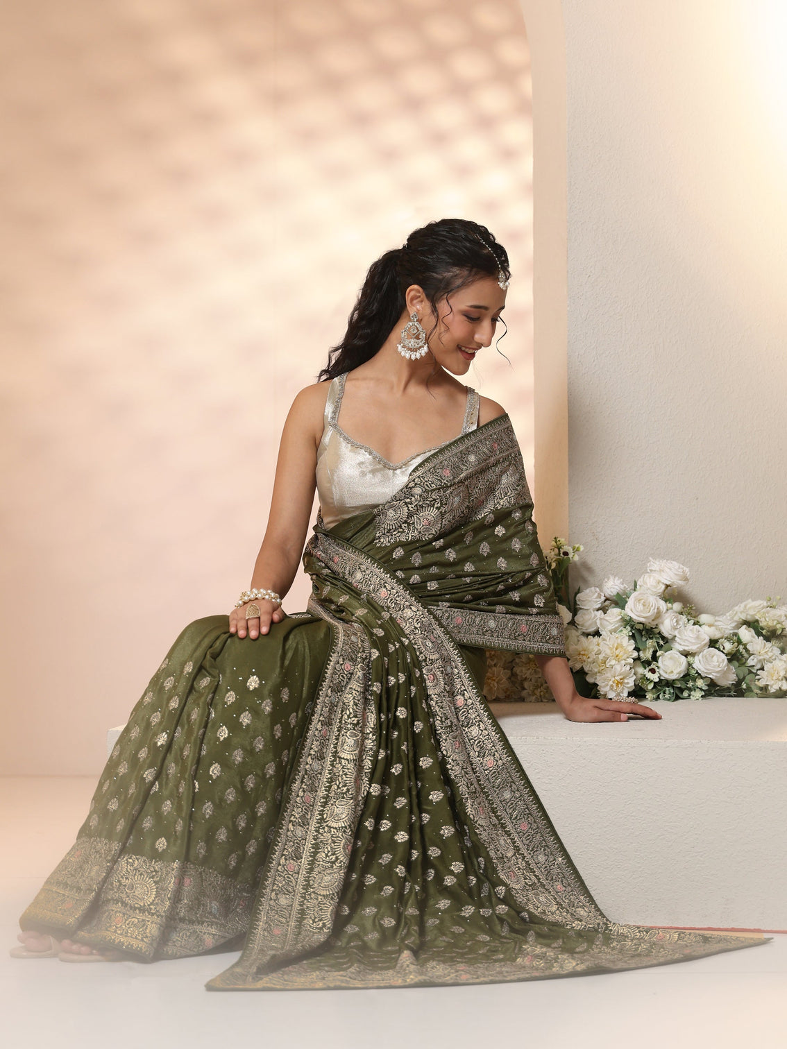 Mameraa Leaf Green Embellished Satin Saree with Ethnic Motifs
