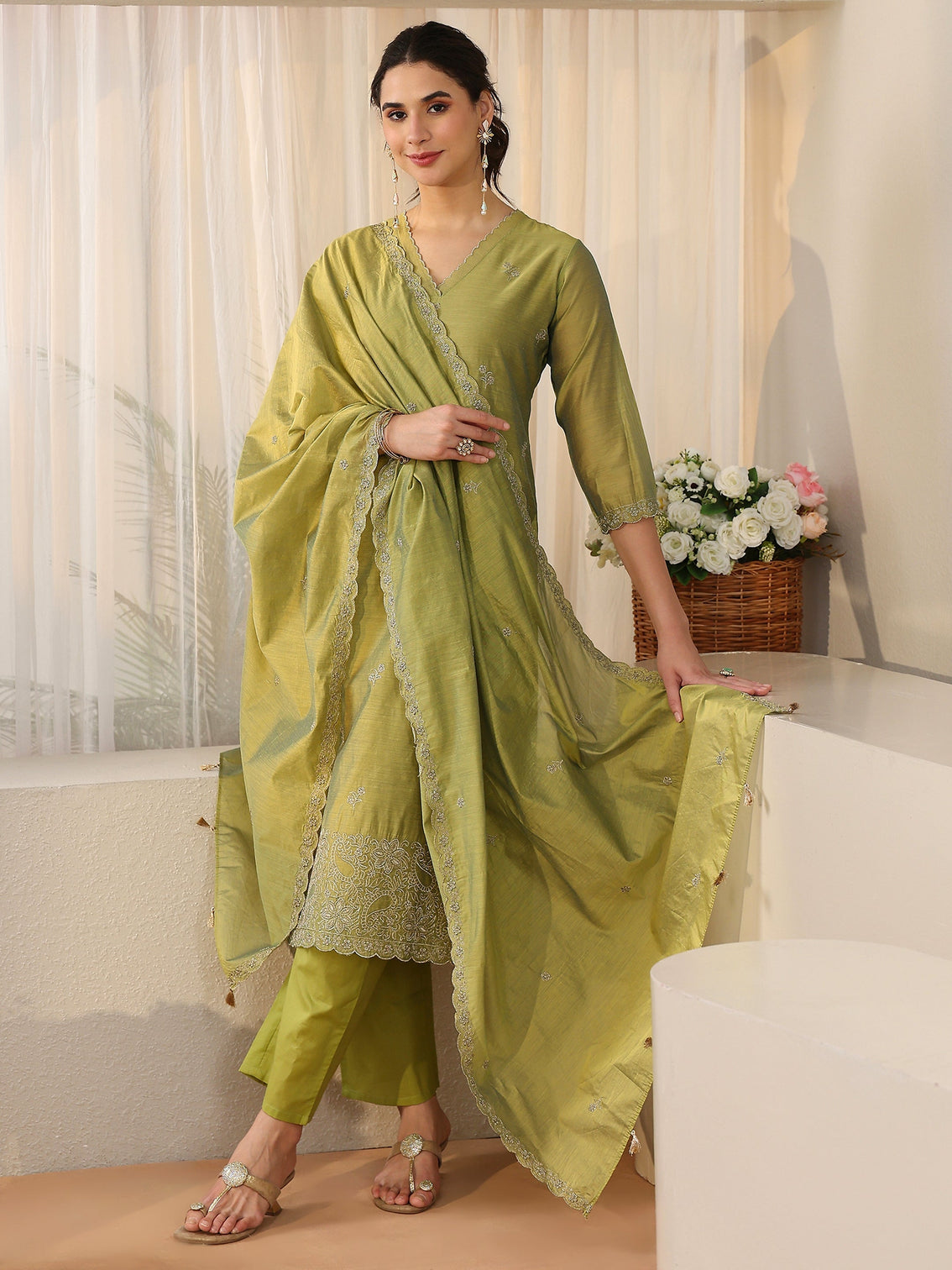 Mameraa Leaf Green Floral Embellished Chanderi Silk Straight Suit Set