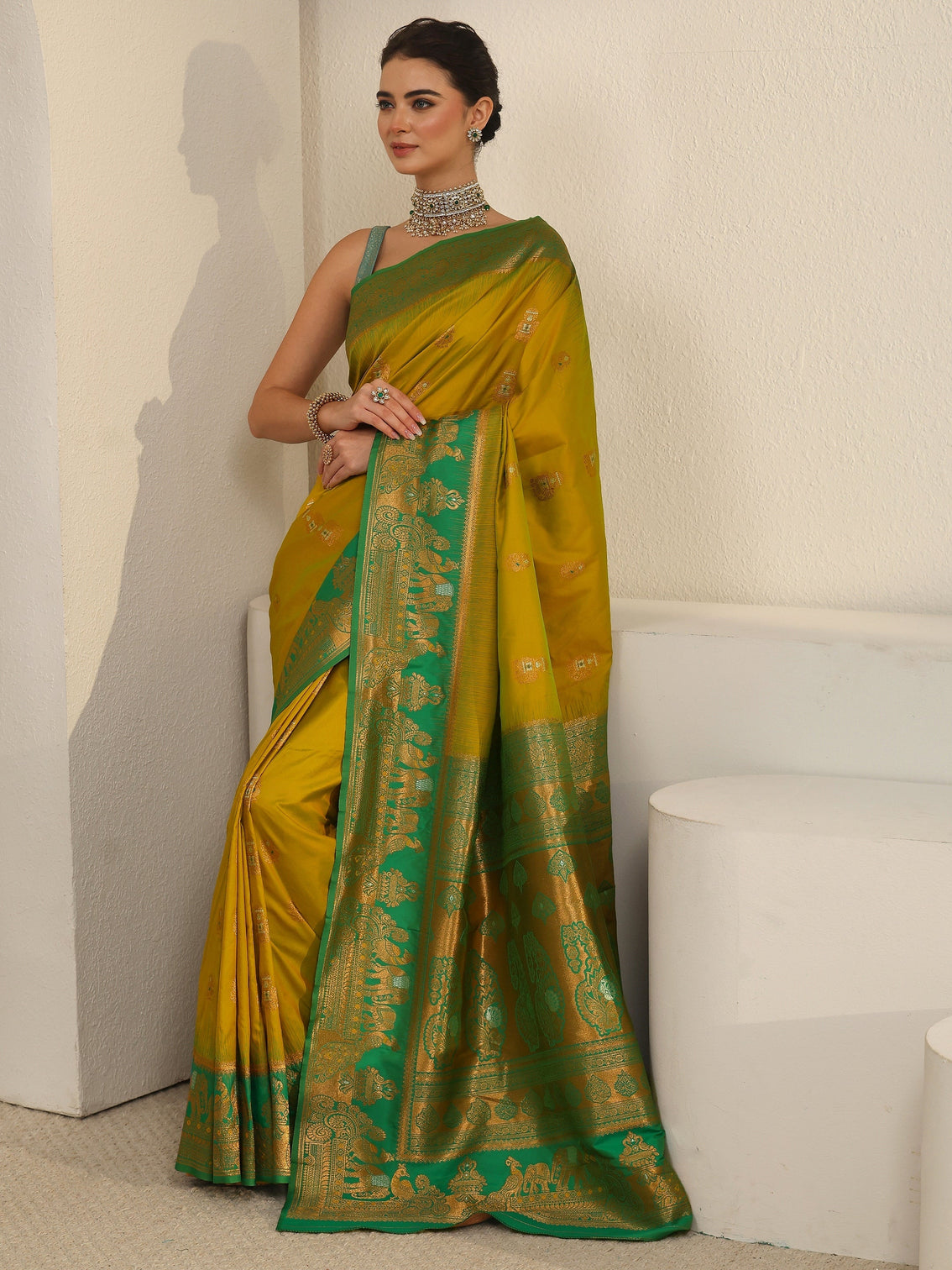 Mameraa Lemon Green and Green Woven Design Silk Blend Banarasi Saree