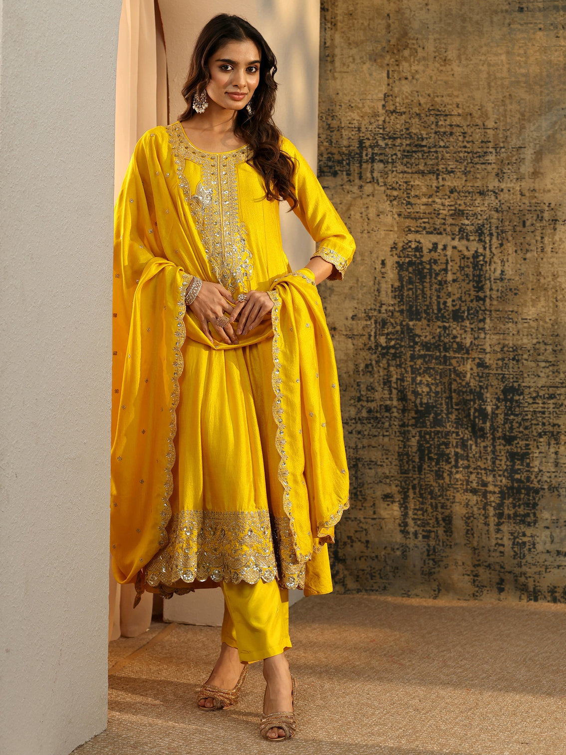 Mameraa Lemon Yellow  Embellished Silk Blend Anarkali Suit Set