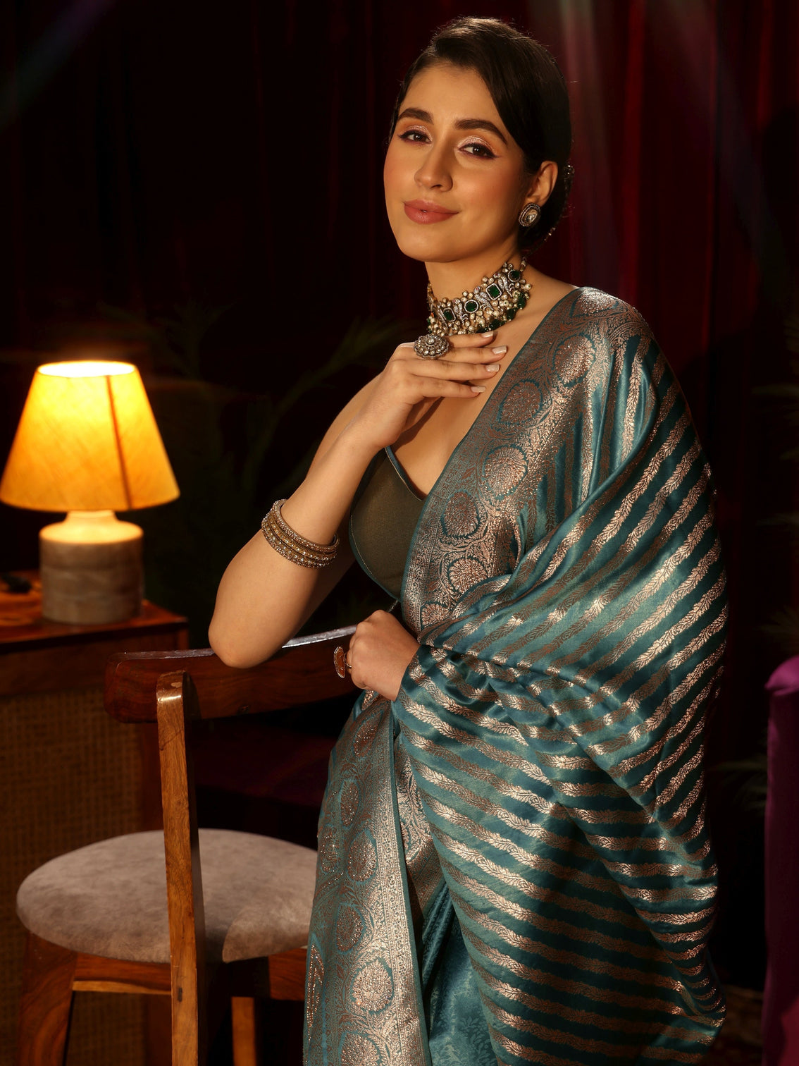 Mameraa Light Blue Striped Woven Design Embellished Silk Blend Saree
