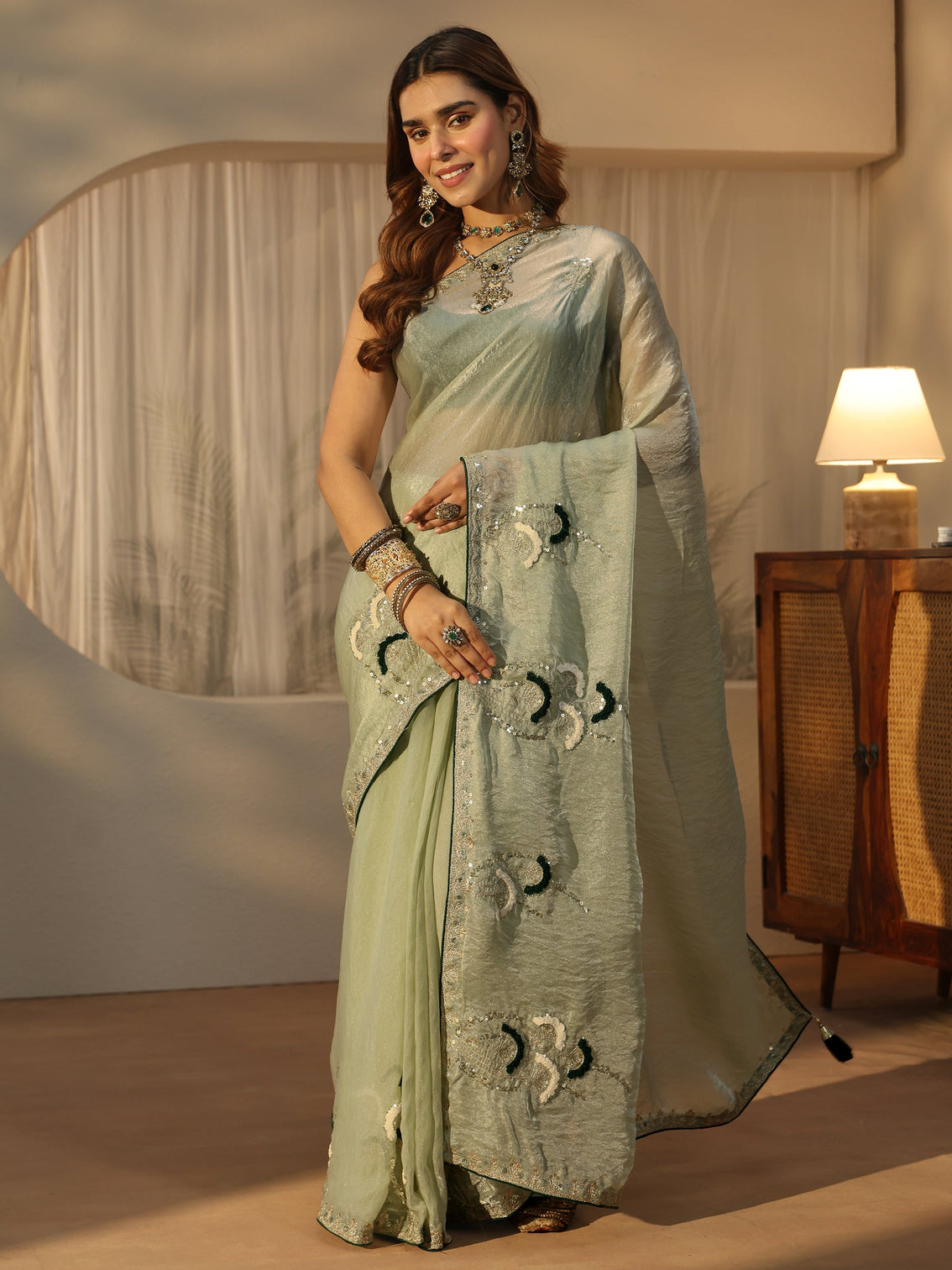Mameraa Light Green Sequin Embellished Tissue Saree