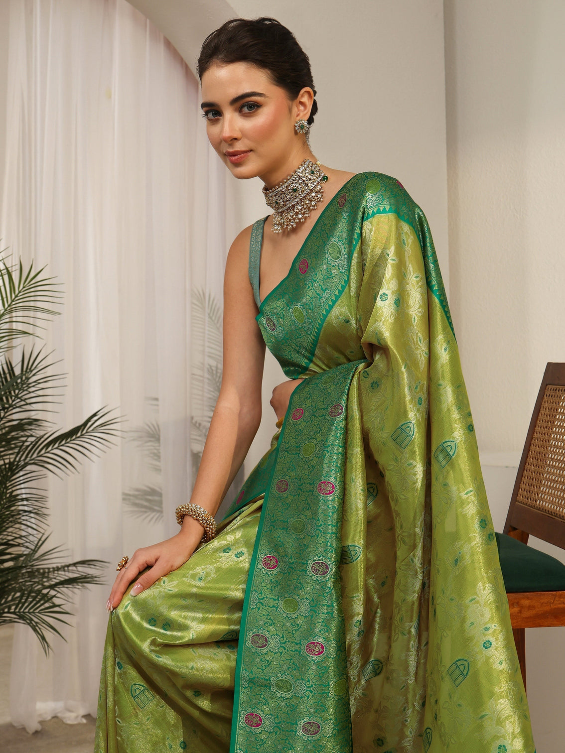 Mameraa Light Green and Dark Green Floral Woven Design Silk Blend Saree