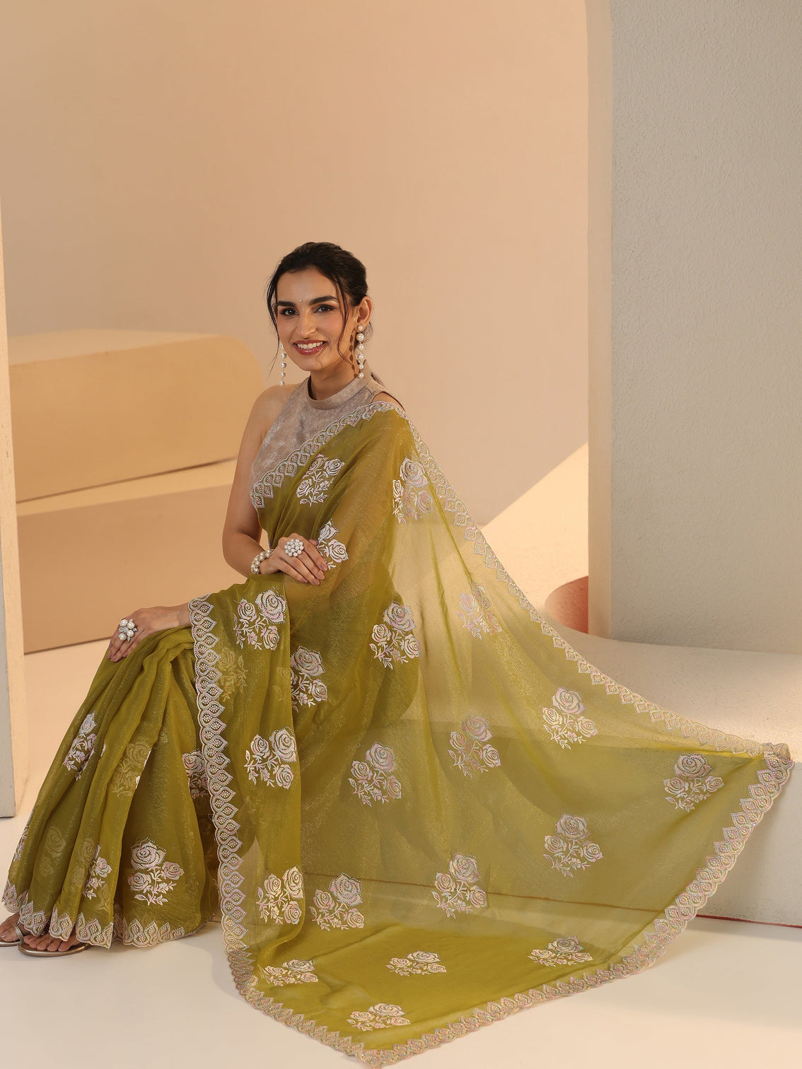 Mameraa Light Henna Green Floral Embroidered Chiffon Saree
