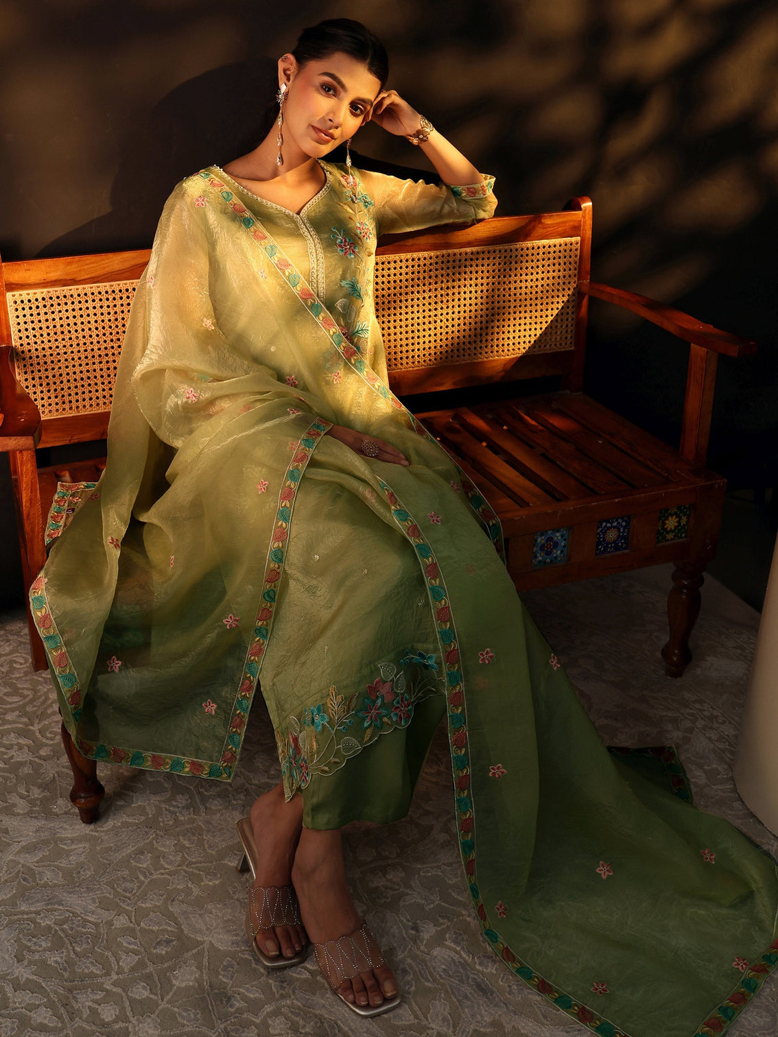 Mameraa Light Olive Ethnic Embroidered Organza Straight Suit Set - Mameraa