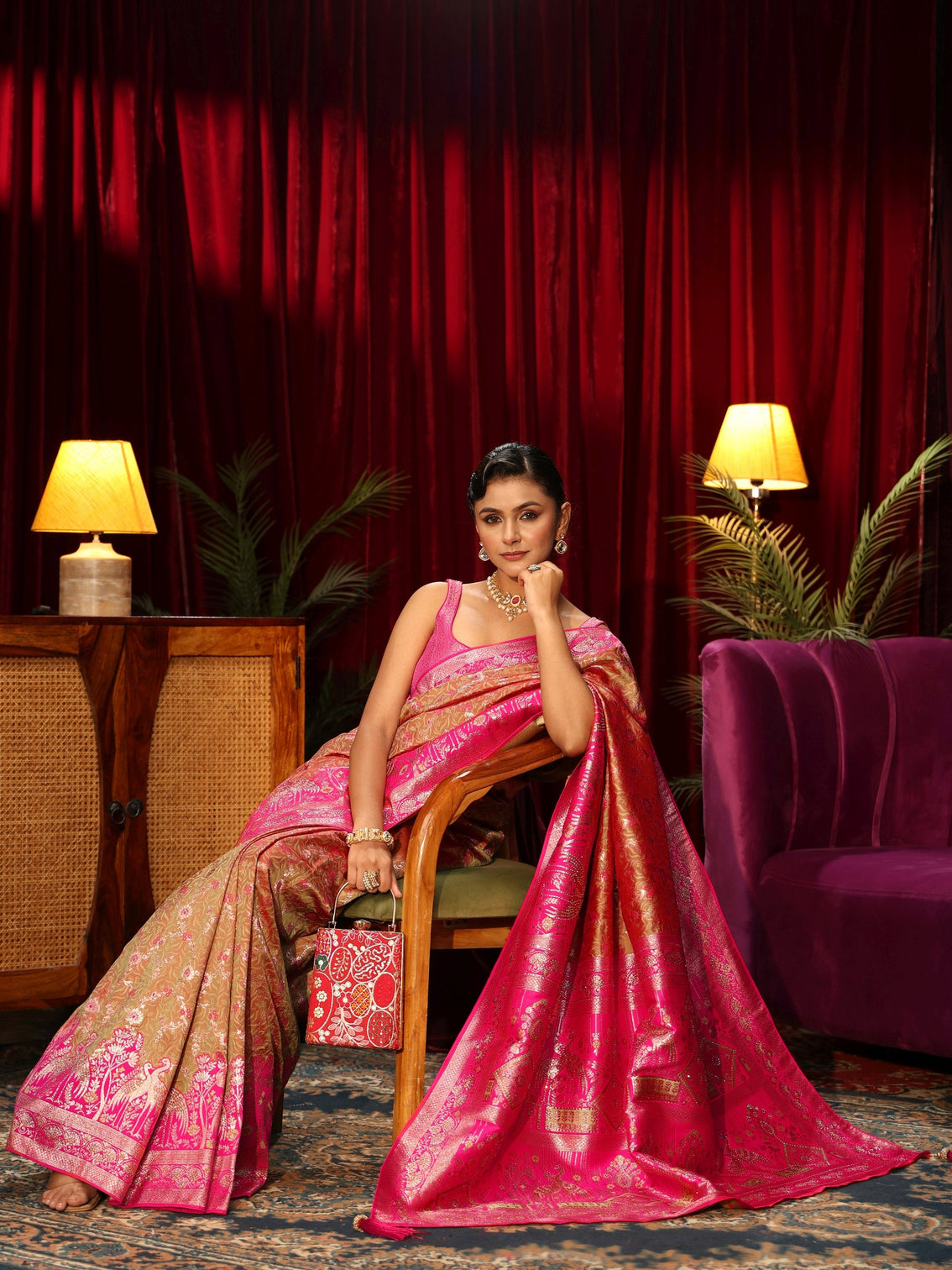 Mameraa Light Orange Floral Woven Design Embellished Silk Blend Saree