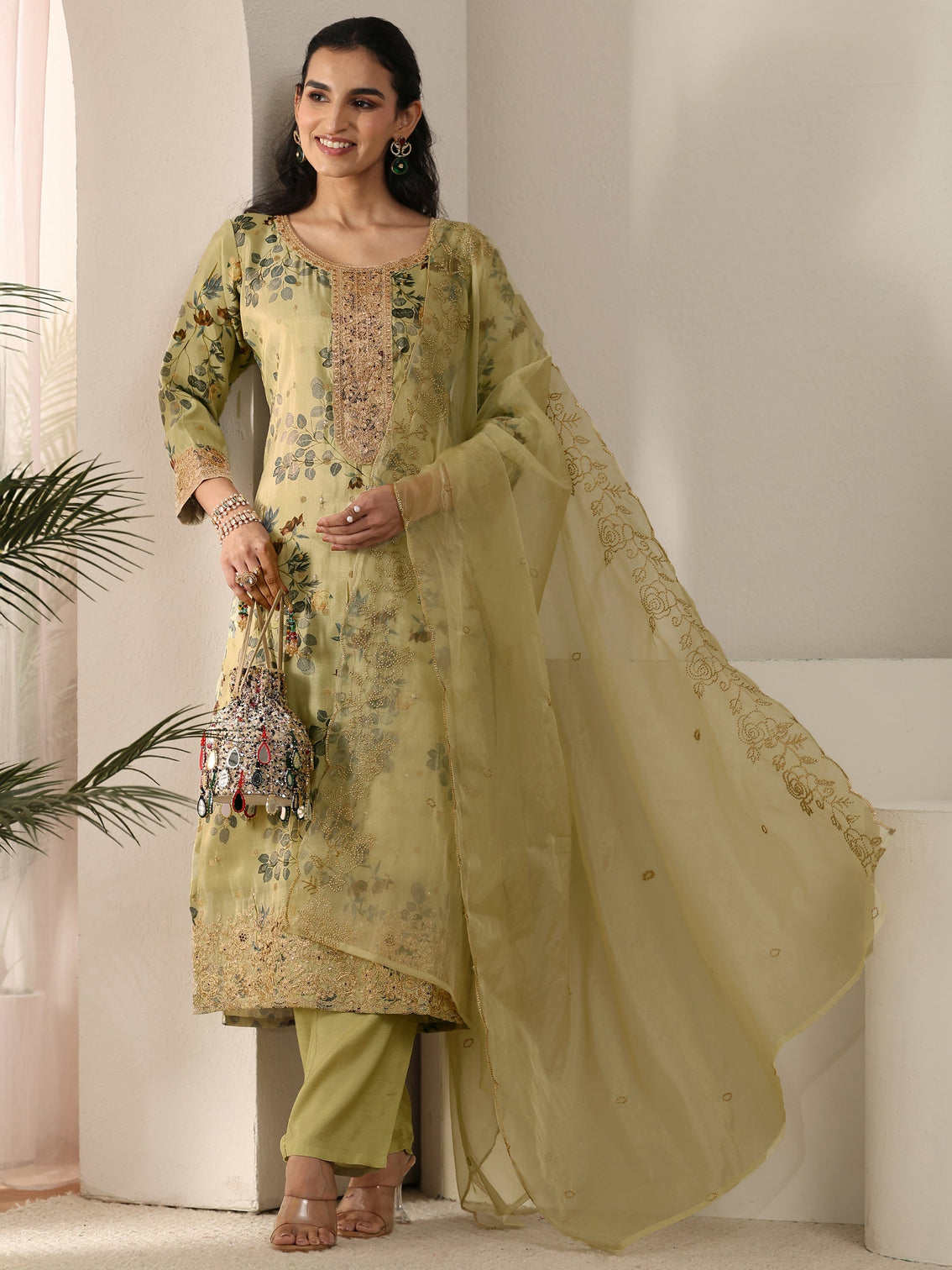Mameraa Light Sage Green Floral Printed Silk Blend Straight Suit Set