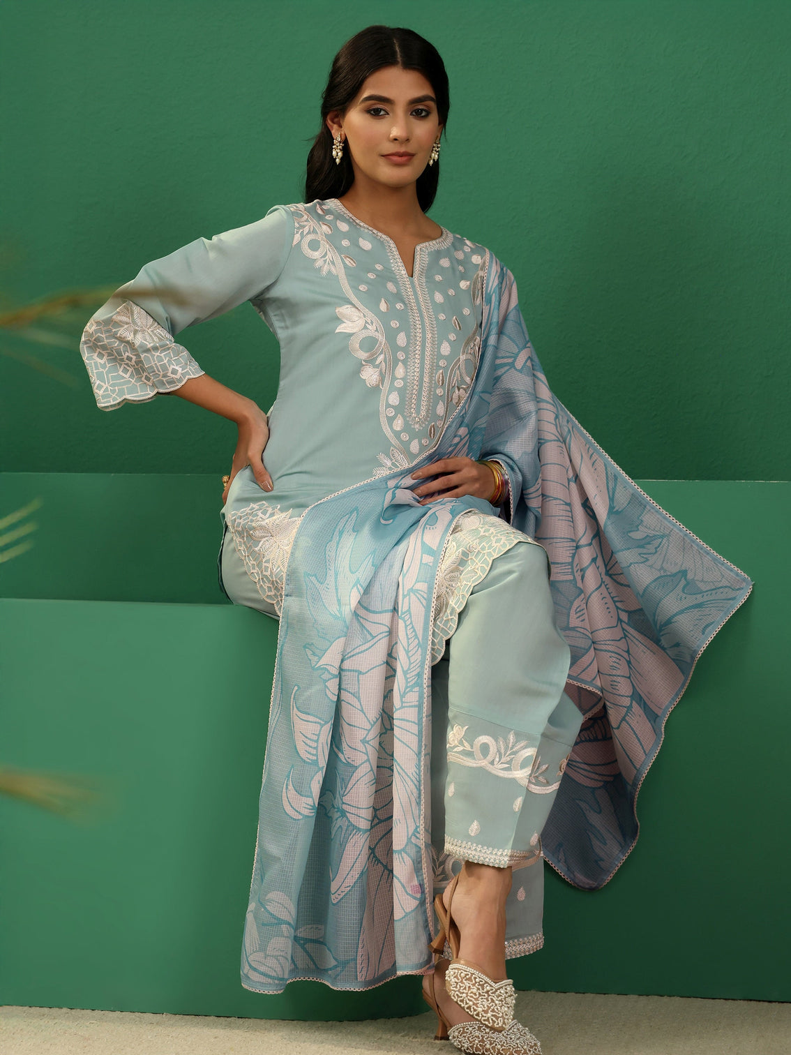 Mameraa Light Sea Green Floral Embroidered Silk Blend Farshi Suit Set