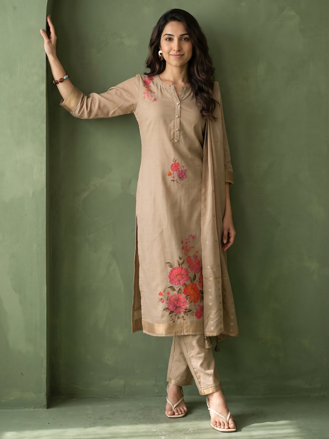 Mameraa Light Taupe Floral Printed Silk Blend Straight Suit Set