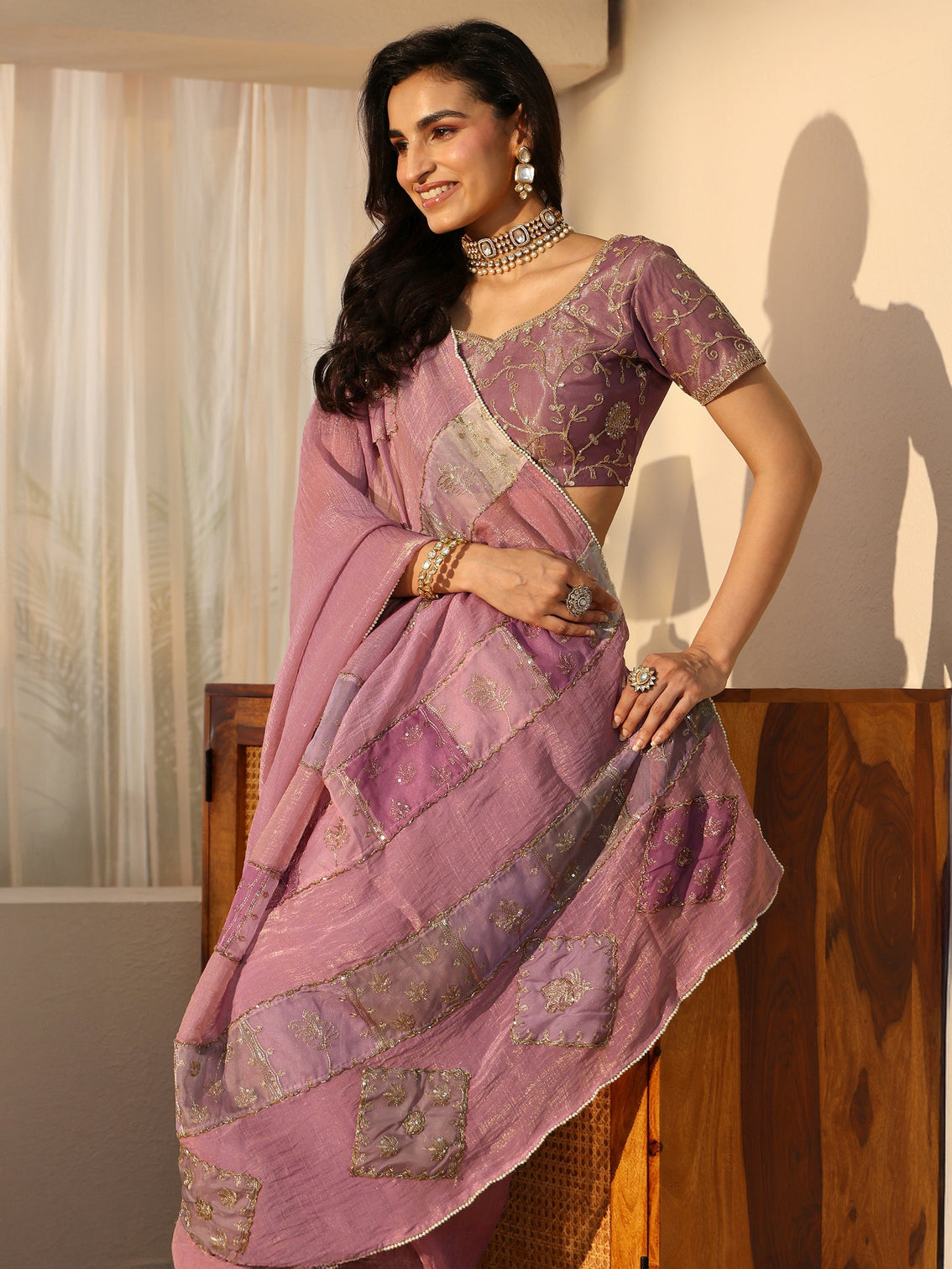 Mameraa Lilac Applique Design Tissue Saree