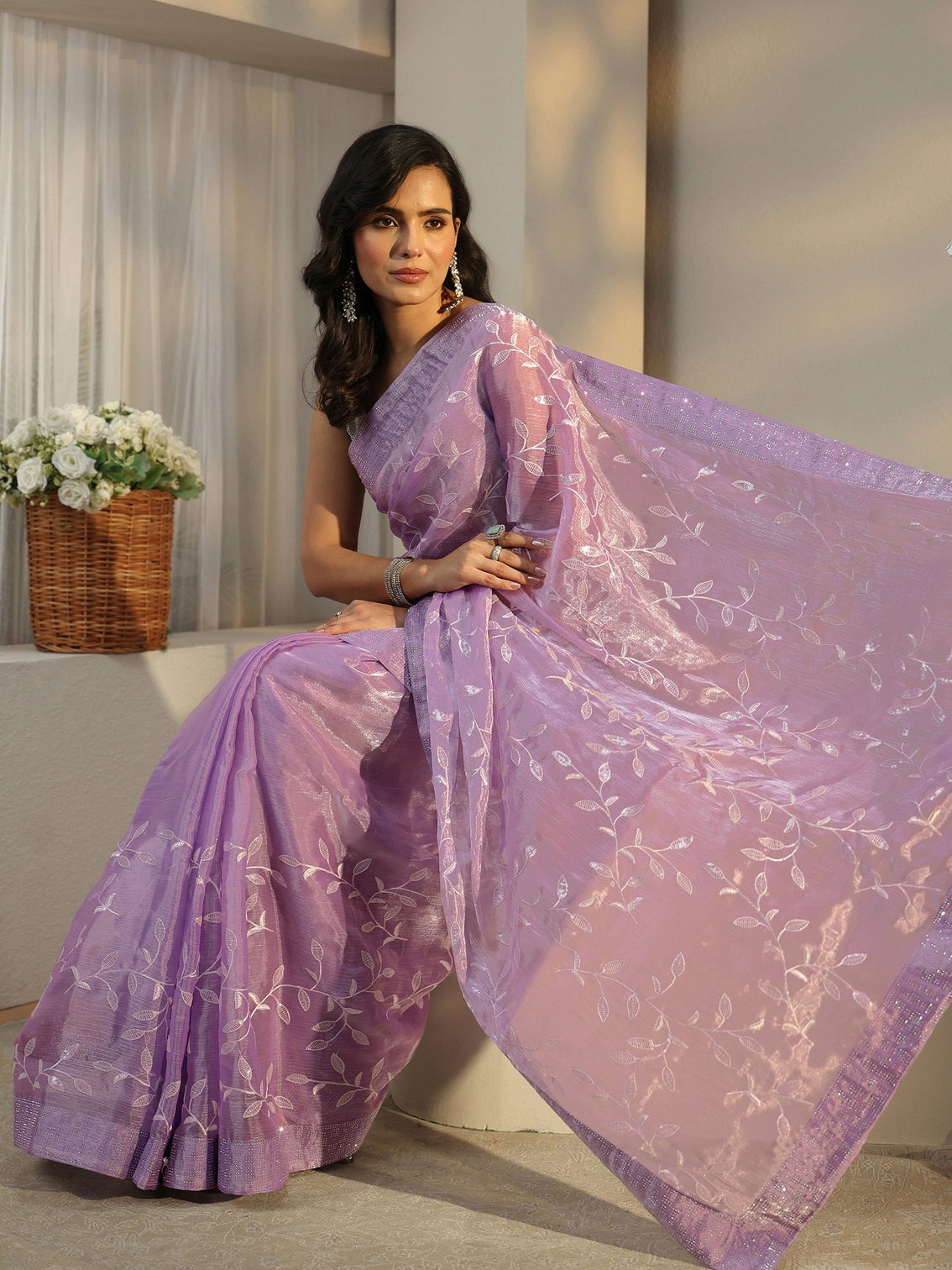 Mameraa Lilac Floral Embellished Tissue Saree