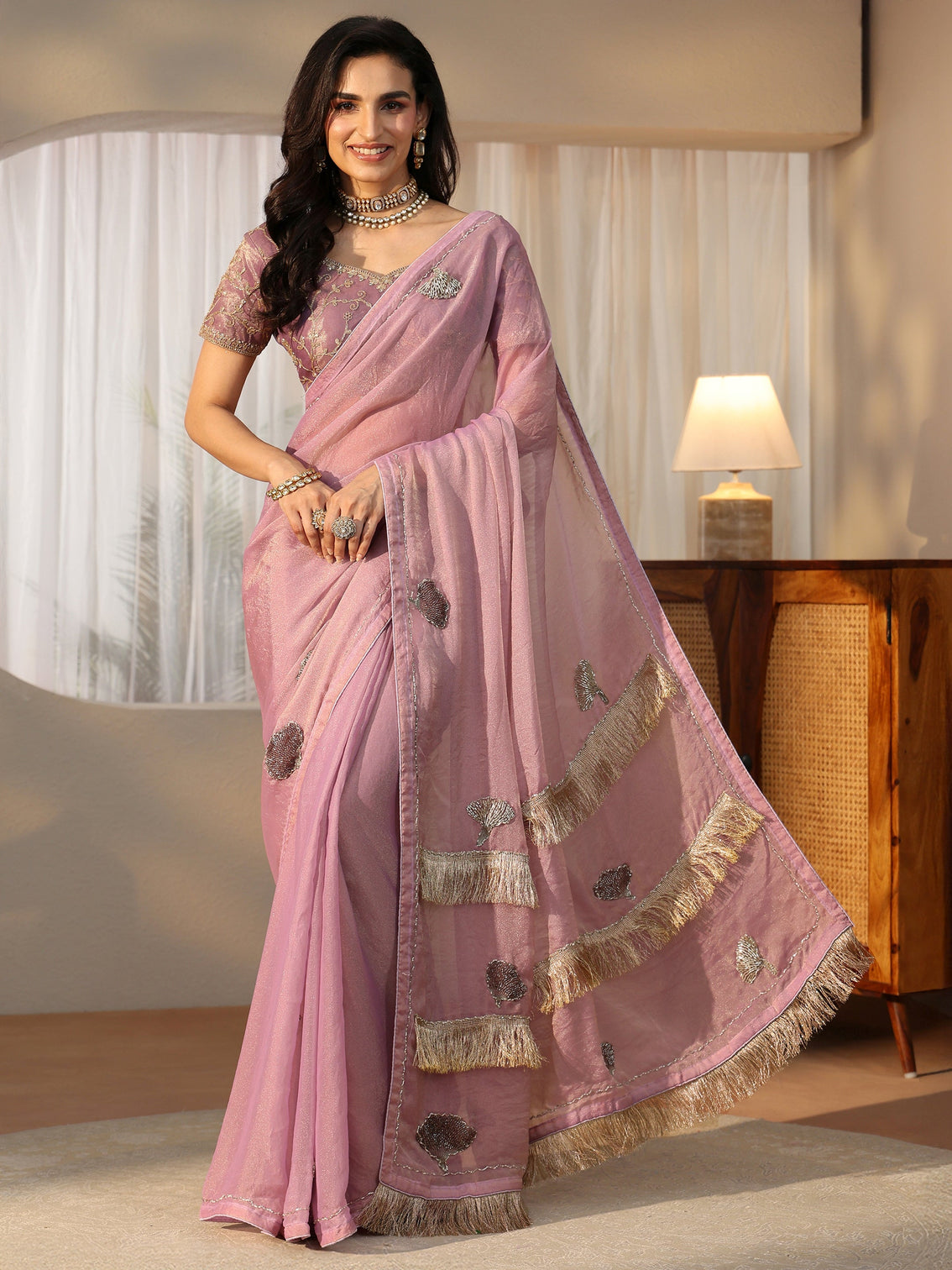 Mameraa Lilac Tissue Saree with Tassel Embellished Pallu