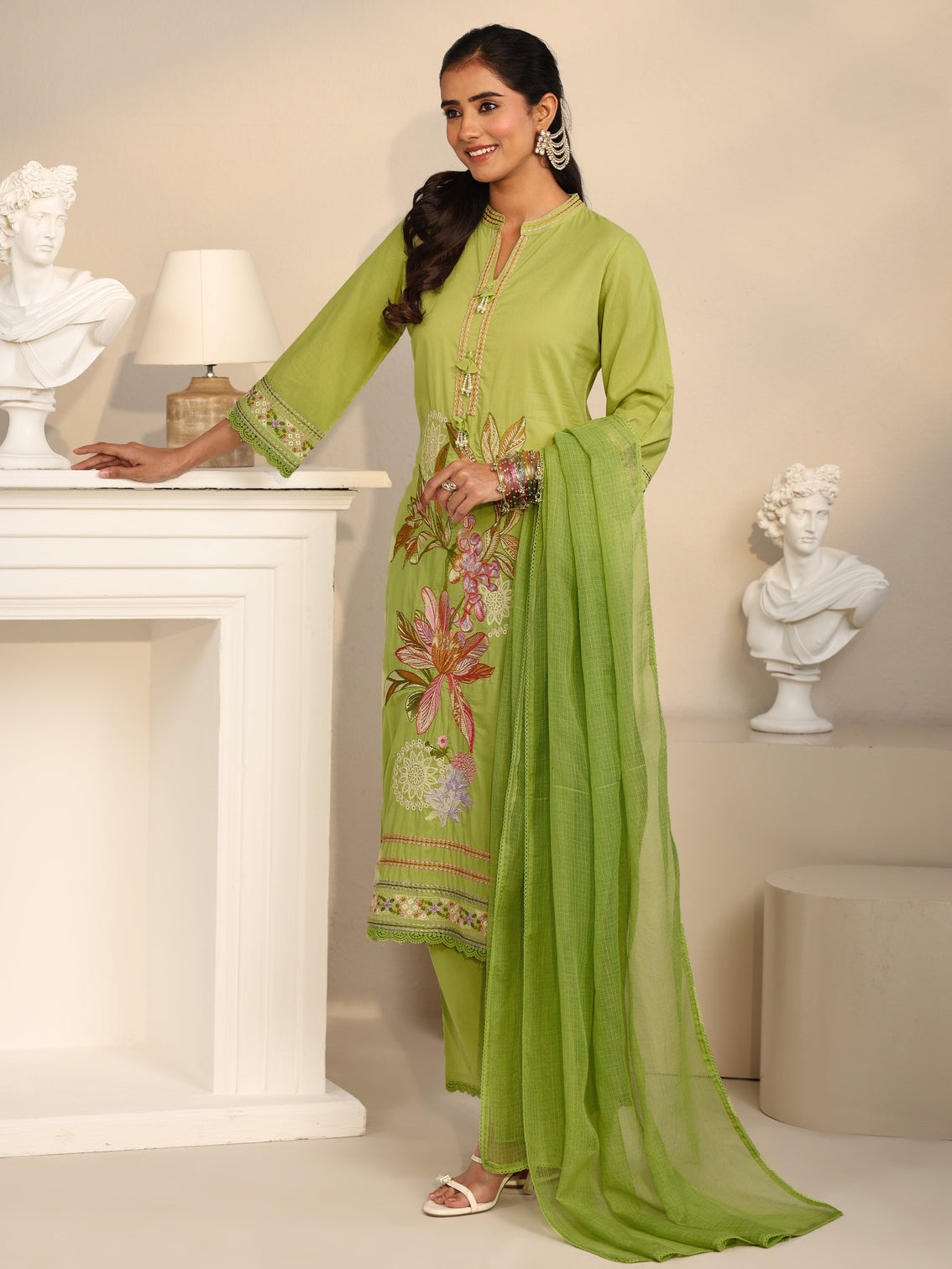 Mameraa Lime Green Floral Embroidered Cotton Straight Suit Set