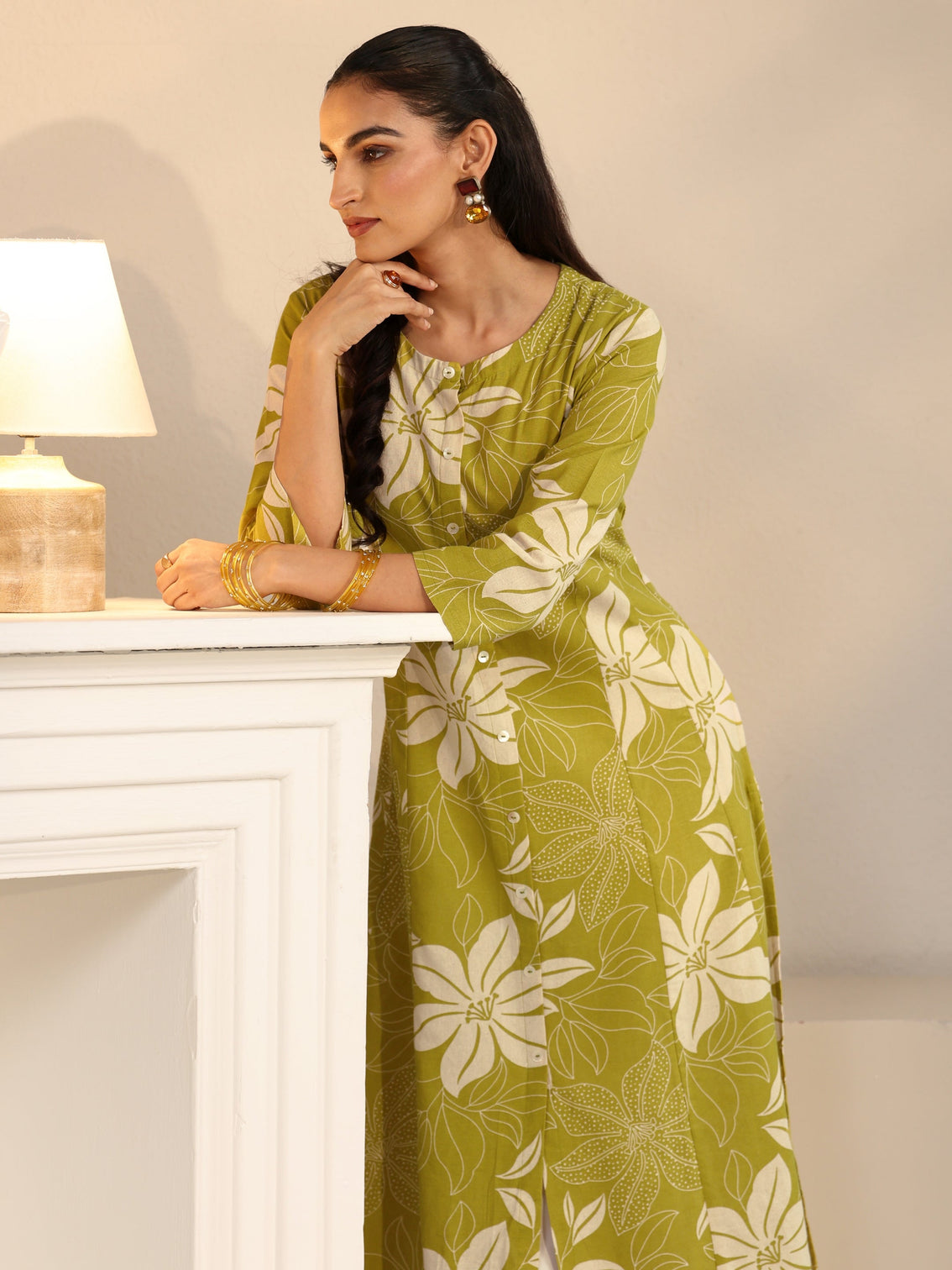 Mameraa Lime Green Floral Printed Cotton Blend A-line Kurta