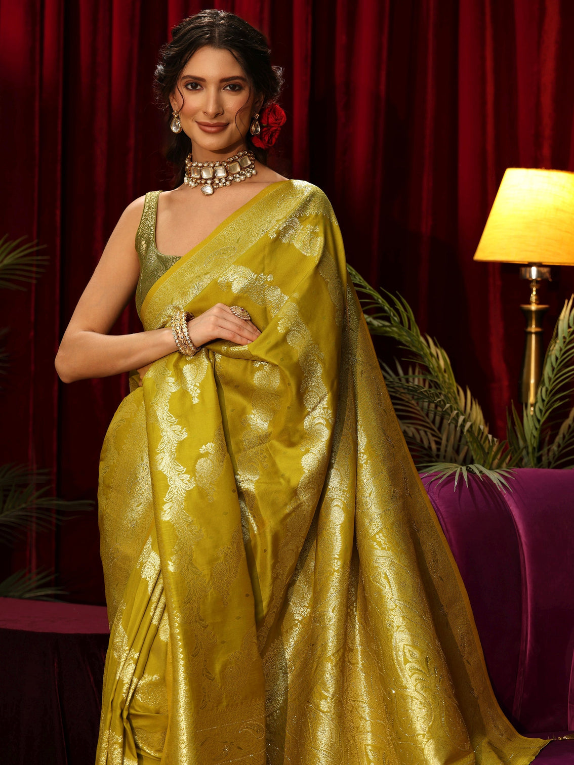 Mameraa Lime Green Floral Woven Design Silk Blend Saree