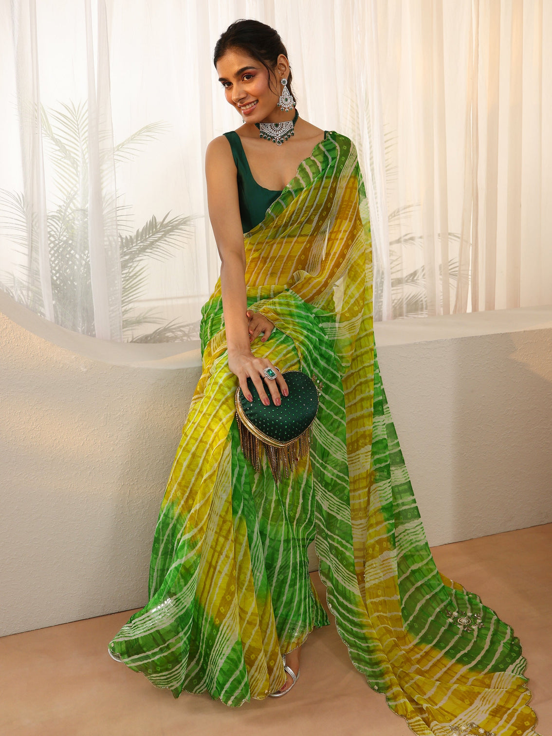 Mameraa Lime Green Leheriya Printed Chiffon Saree