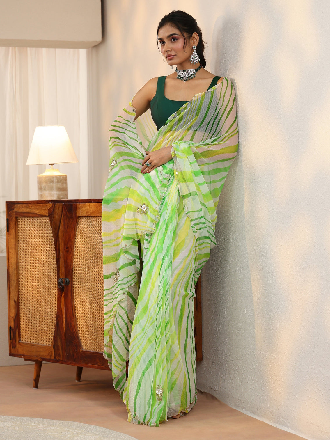 Mameraa Lime Green Leheriya Printed Chiffon Saree