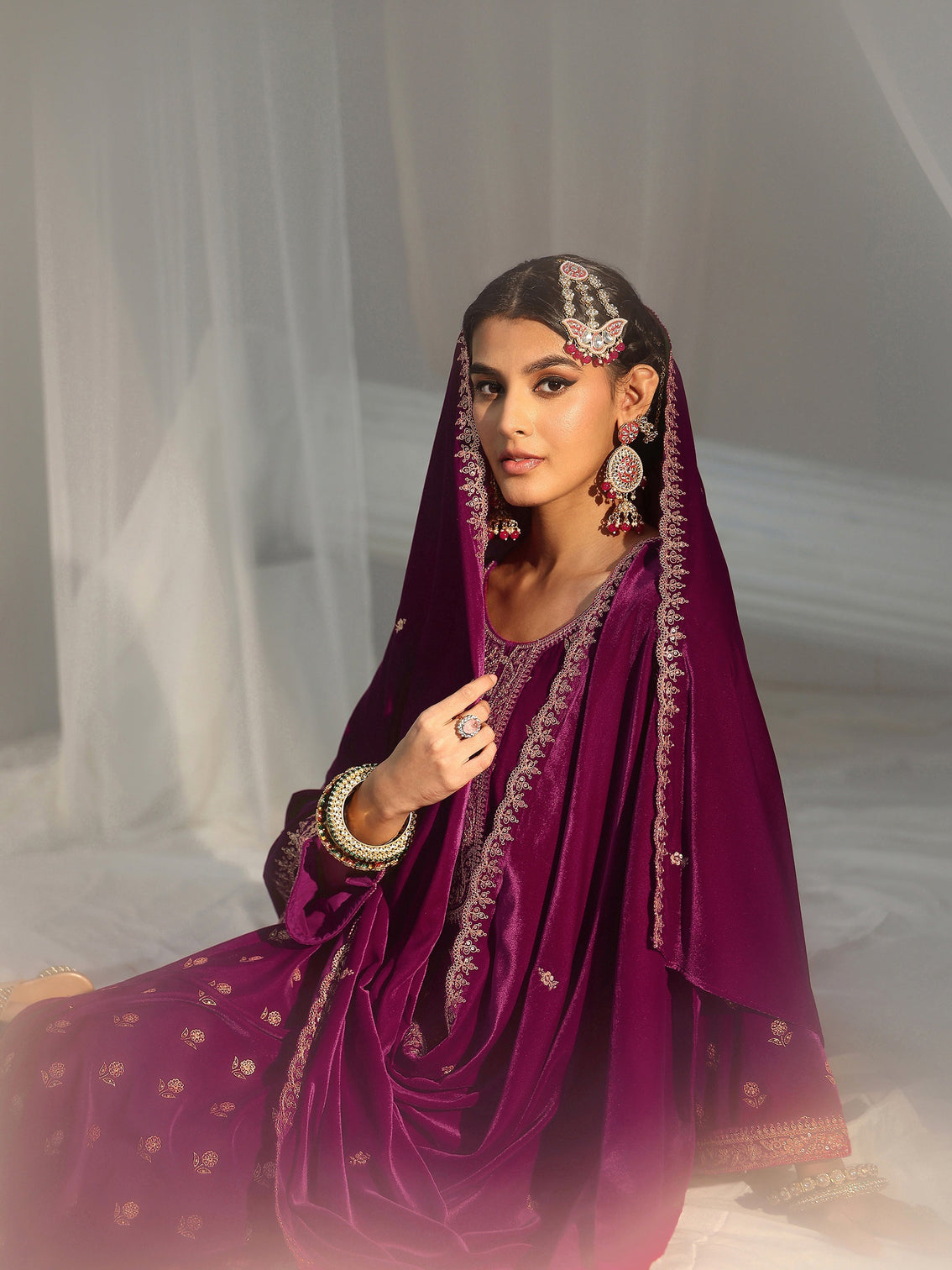 Mameraa Magenta Floral Embroidered Velvet Straight Suit Set