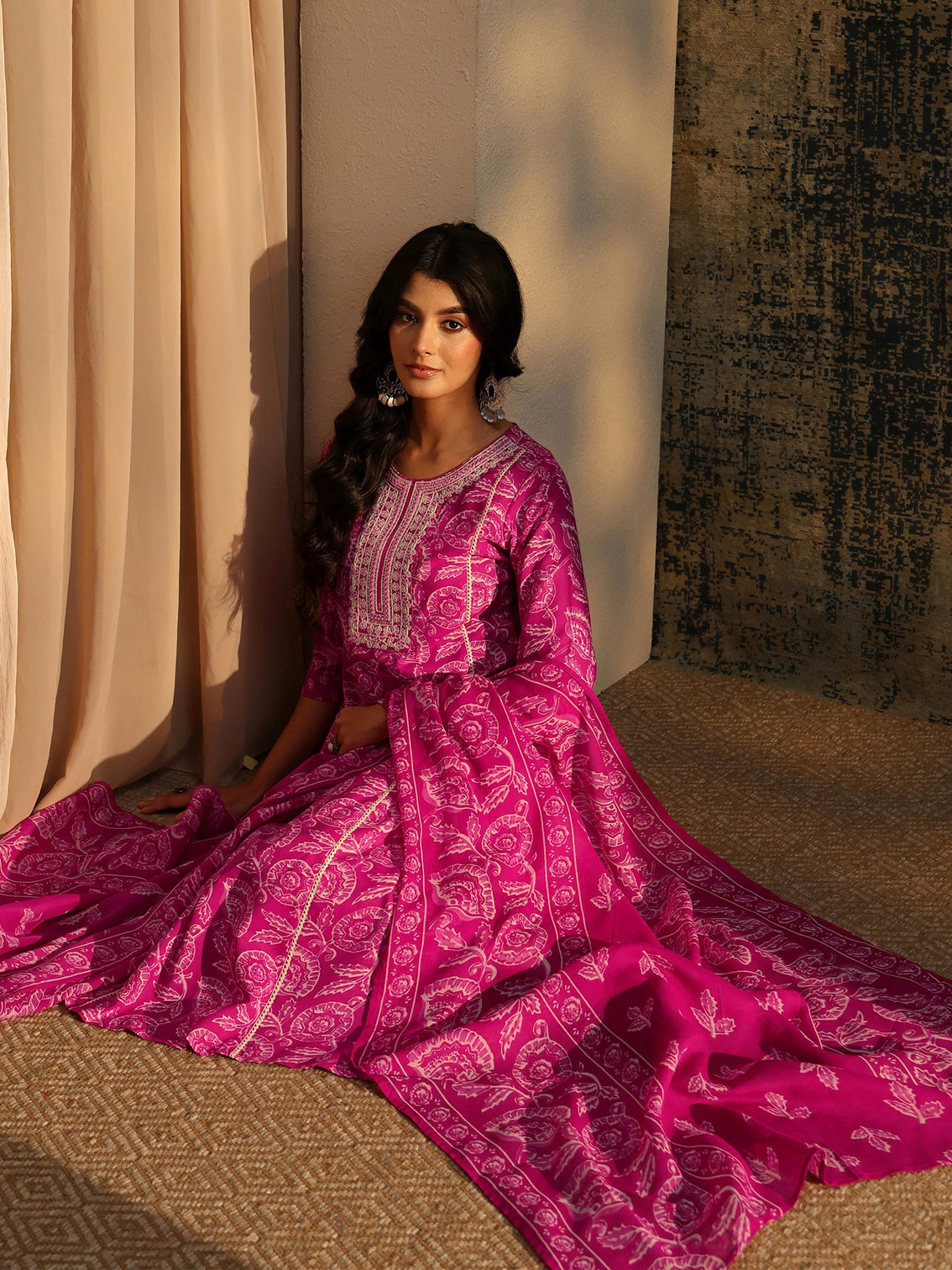 Mameraa Magenta Floral Printed Cotton Straight Suit Set