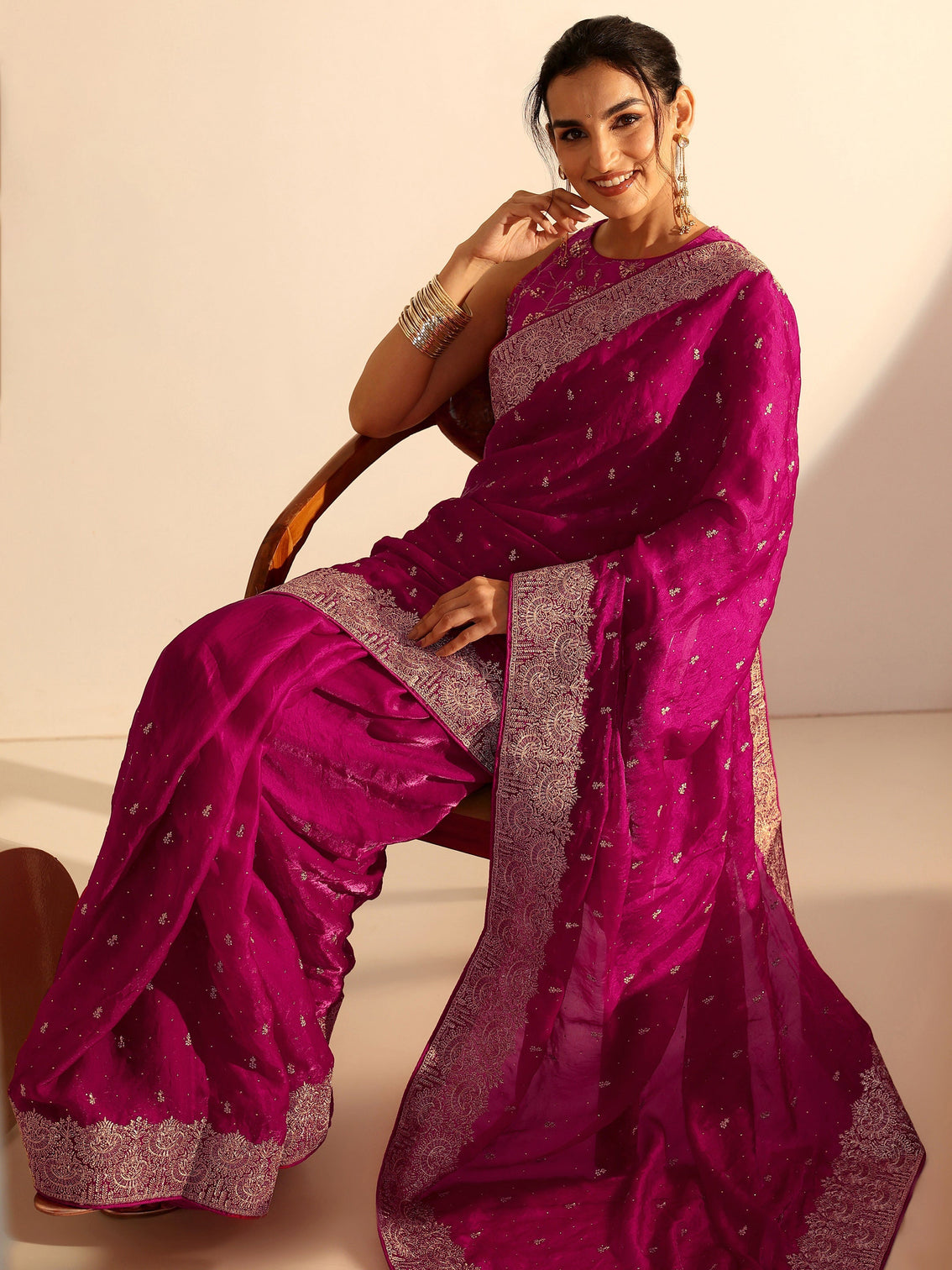 Mameraa Magenta Pink Embellished Tissue Saree