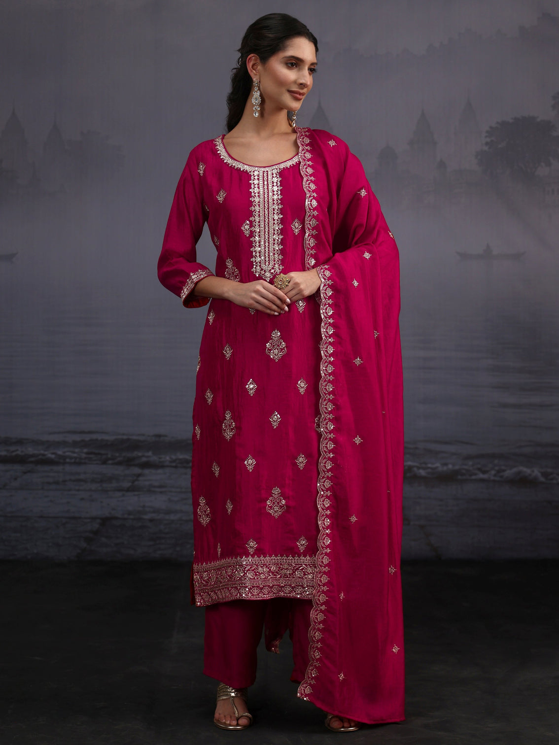 Mameraa Magenta Pink Embroidered Silk Blend Straight Suit Set