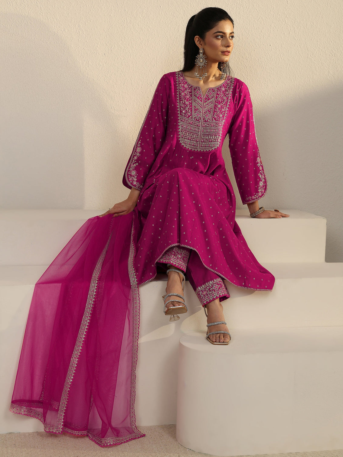 Mameraa Magenta Pink Floral Embroidered Silk Blend Anarakali Suit Set