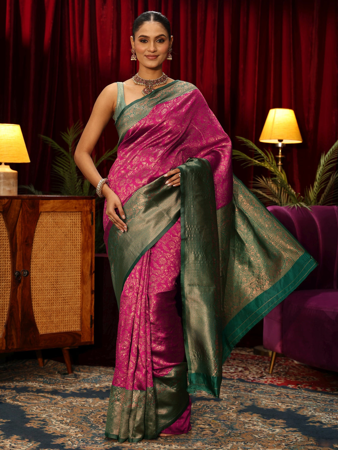 Mameraa Magenta Pink Floral Woven Design Silk Blend Saree